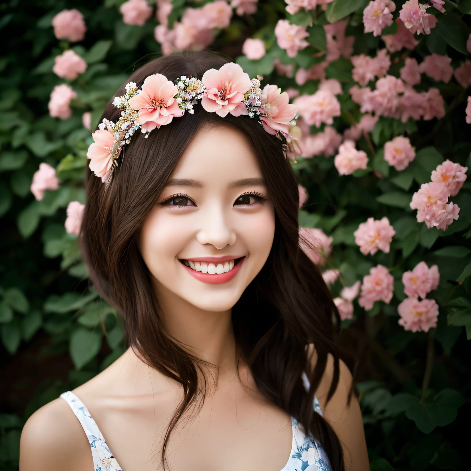 Beautiful woman with flowers and a crown of flowers in her hair, (smiling as much as possible:1.5), hair flyer, (black hair: 1.5), (black eyes: 1.5), (Japan people: 1.0), flower storm portrait, flower woman, hair flower, hair flower, flower girl, flower goddess, beautiful portrait photo, girl with flower head, perky woman made of petals, portrait of a woman with flowers, Girl at the front of the flower garden