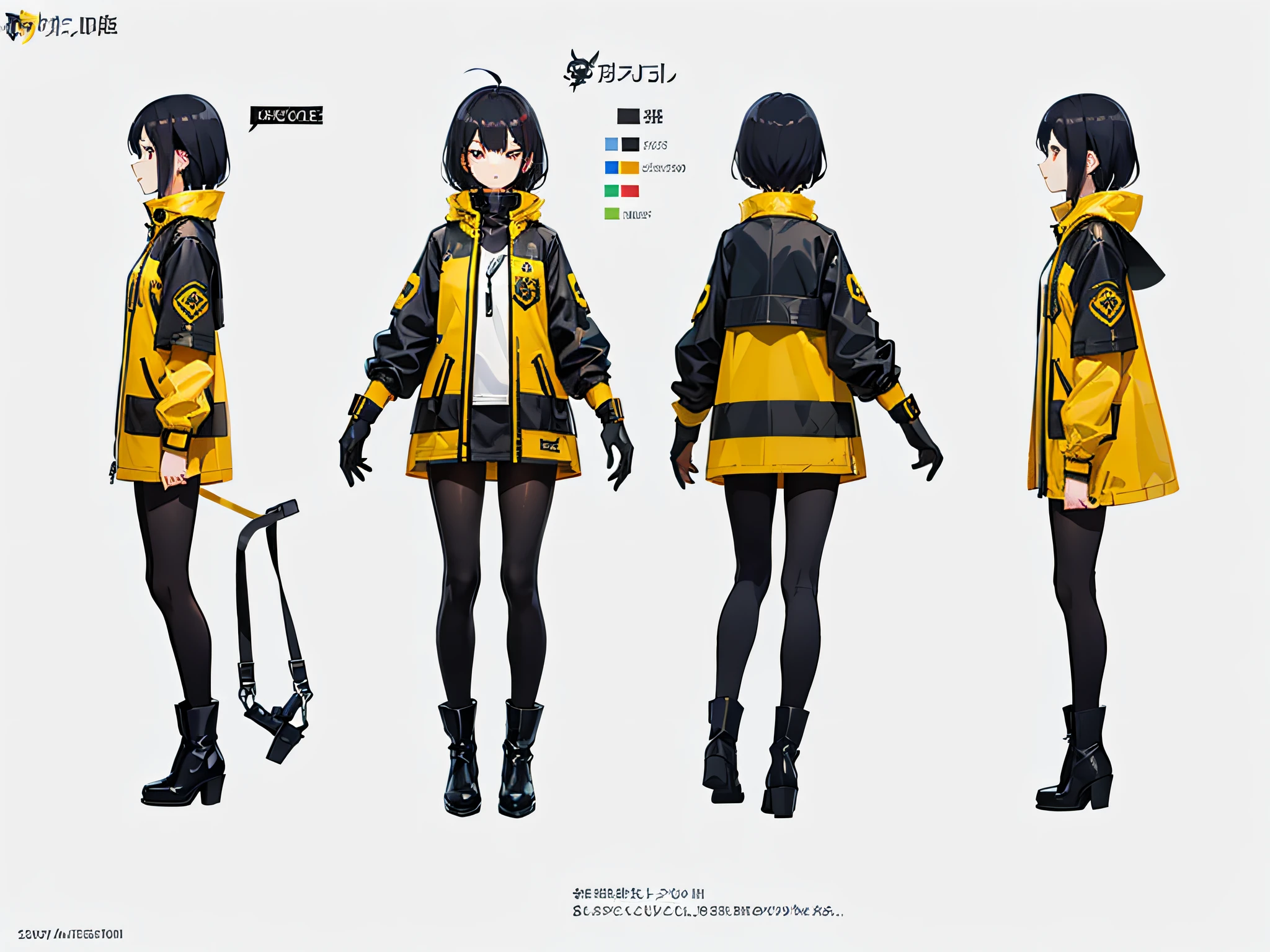 1girl, [Black hair, short hair, bangs], [yellow raincoat jacket], detailed face, [Red eyes], black leggings, white_boots, high quality, character sheet, concept art, white background,