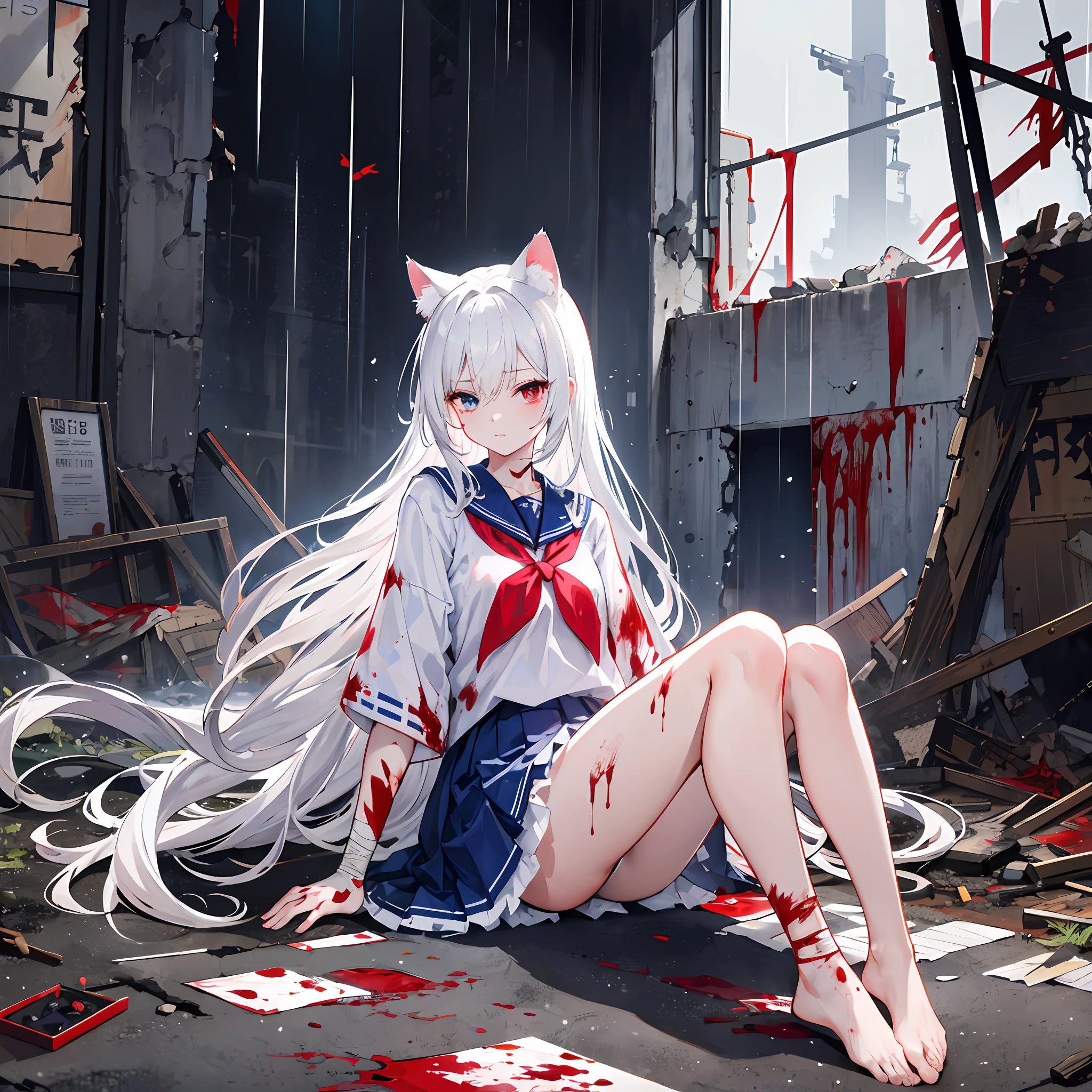 1girl, red eyes in left eye, blue eyes in right eye, long white hair, cat ears, rain, Japanese school uniform, clothes stained with blood, bare legs, bare feet, blood stained on the body, bandages on the legs, pistols on the ground, ruins in the background, fire, bullet casings on the ground