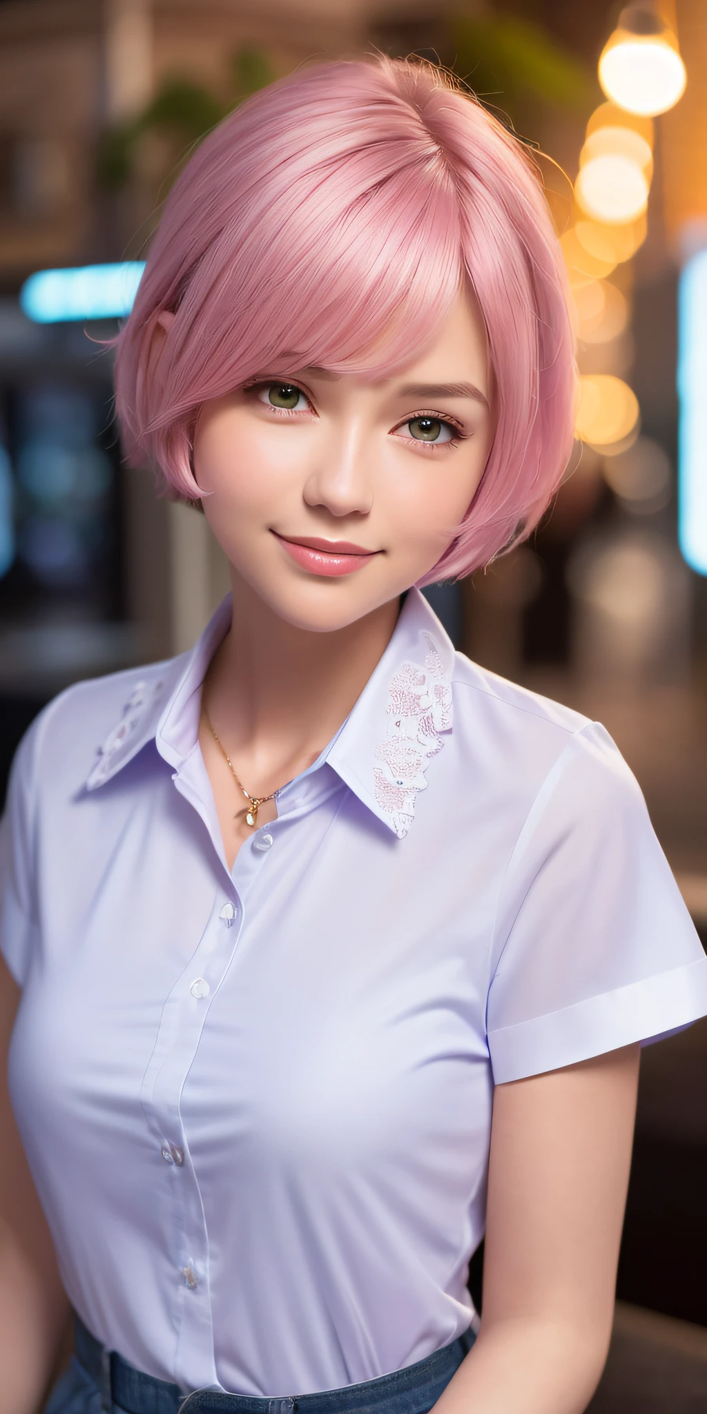 (64K, UHD, Top Quality, Masterpiece: 1.2), (Realistic, Photorealistic: 1.37), Super Detailed, One Girl, Cute, Beautiful Detailed Sky, Detailed Cafe, Night, Supermarket, Face Close, (Blush), (Smile: 1.15), (Kissing Mouth), Big, Tiger-like Face, Beautiful Fine Eyes, (Shirt with Collar: 1.1), Night, Office Clothes, White Lace, (Short Hair:1.2), (pink hair, purple eyes), NovaFrogStyle,