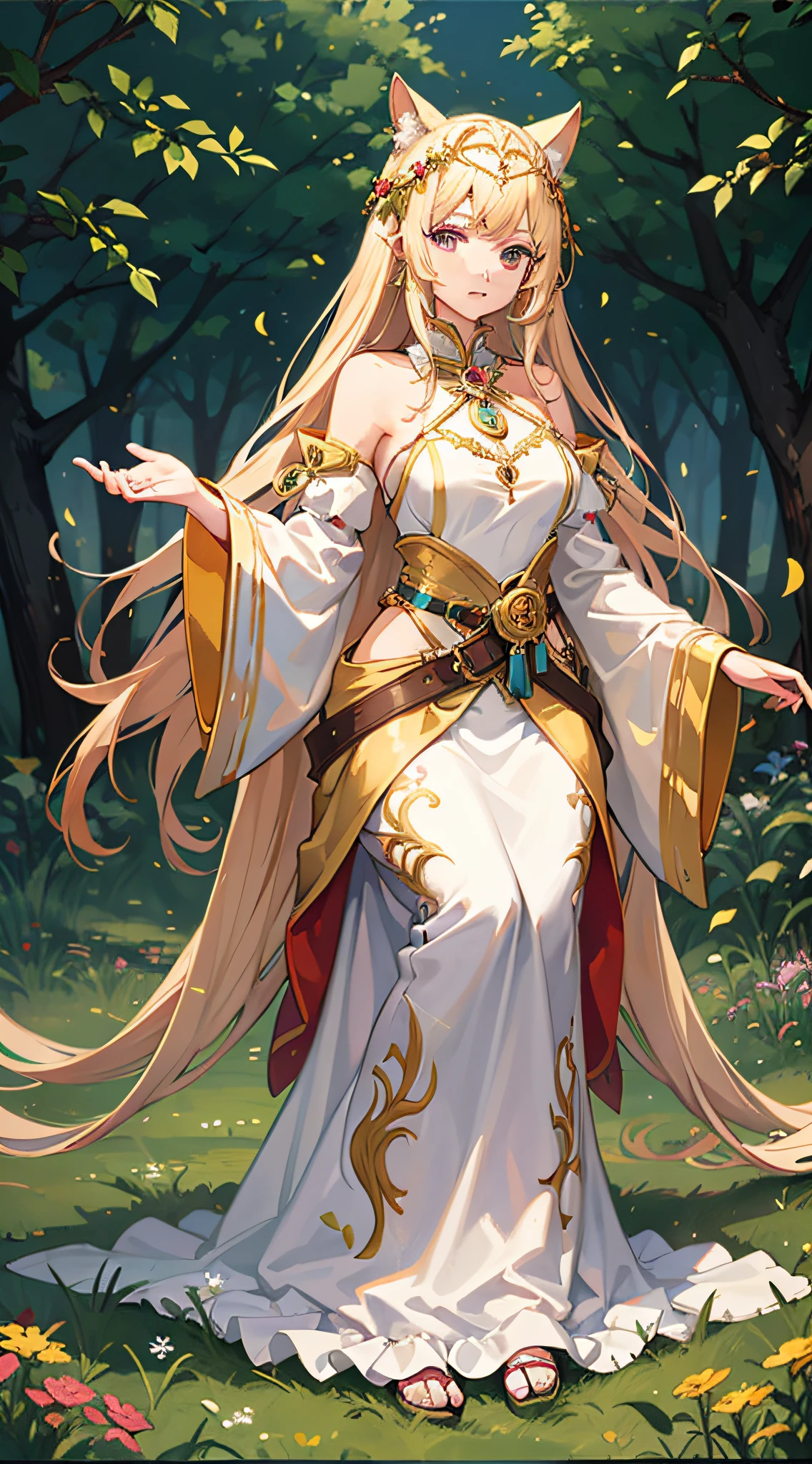 Princess of the Sun Priestess, Beautiful Girl, Full Body, Golden Rice Ear Meadow Background, High Quality, Masterpiece