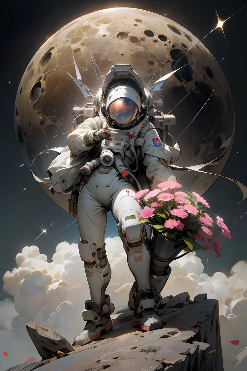 Astronaut with spacesuit in intricate details, dynamic pose, helmet with mirrored viewfinder, details, holding flowers in his hands, sharp focus, lunar landscape in the background, monoliths in the background, (seen from the top of a lunar rock), starry sky in the background, wide viewing angle, Canon 18mm lens, ultrahd 8k 4k wallpaper, concept art, trend in artstation.