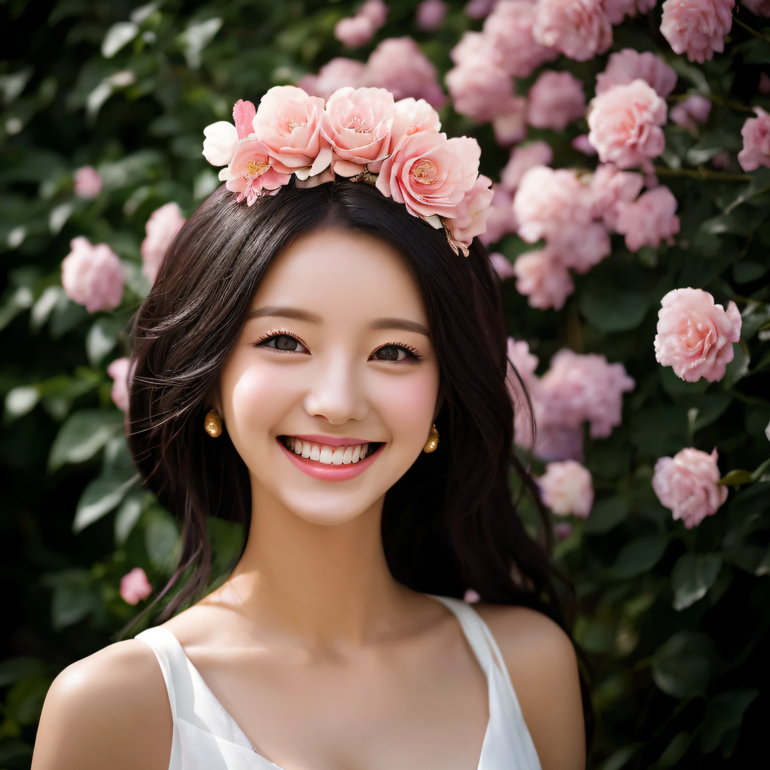 Beautiful woman with flowers and a crown of flowers in her hair, (smiling as much as possible:1.5), hair flyer, (black hair: 1.5), (black eyes: 1.5), (Japan people: 1.0), flower storm portrait, flower woman, hair flower, hair flower, flower girl, flower goddess, beautiful portrait photo, girl with flower head, perky woman made of petals, portrait of a woman with flowers, Girl at the front of the flower garden