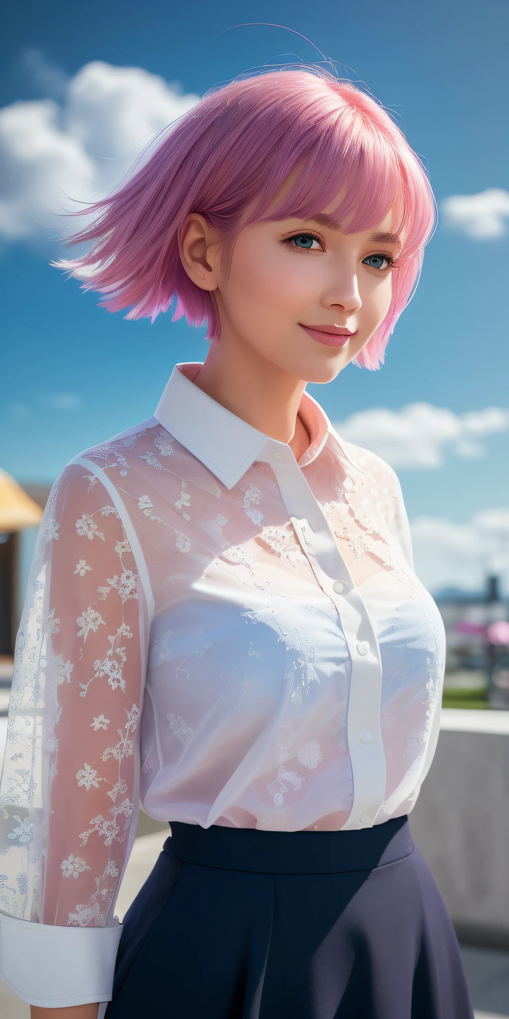 (64K, UHD, Best Quality, Masterpiece: 1.2), (Realistic, Photorealistic: 1.37), Super Detailed, One Girl, Cute, Beautiful Detailed Sky, Detailed Cafe, Night, Inside the Station, Face Close, (Blush), (Smile: 1.15), (Kissing Mouth), Big, Tiger-like Face, Beautiful Fine Eyes, (Shirt with Collar: 1.1), Night, Office Clothes, White Lace, (Short Hair: 1.2), ( Pink hair, purple eyes), floating hair NovaFrogStyle,