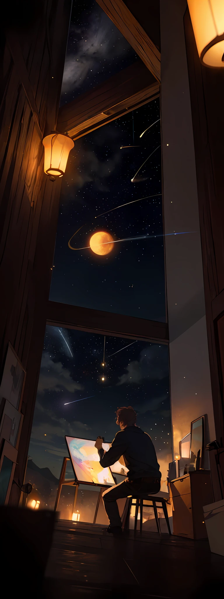 An artist creates in the moonlight, expansive landscape photographs, (from below, the sky above, the open scene below, surrounded by his canvases, painting utensils, and the scenes he depicts), (Full Moon: 1.2), (Meteors: 0.9), (Nebula: 1.3), Distant Mountains, Trees BREAK Making Art, (Warm Light Source: 1.2), (Fireflies: 1.2), Lamps, Lots of Purple and Orange, Intricate Detailing, Volumetric Lighting BREAK (Masterpiece: 1.2), (Best Quality), 4K, Ultra Detailed, (Dynamic Composition: 1.4), Detailed, Colorful, (Iridescent: 1.2), (Glow, Atmospheric Lighting), Dreamy, Fantastic, (Solo: 1.2)