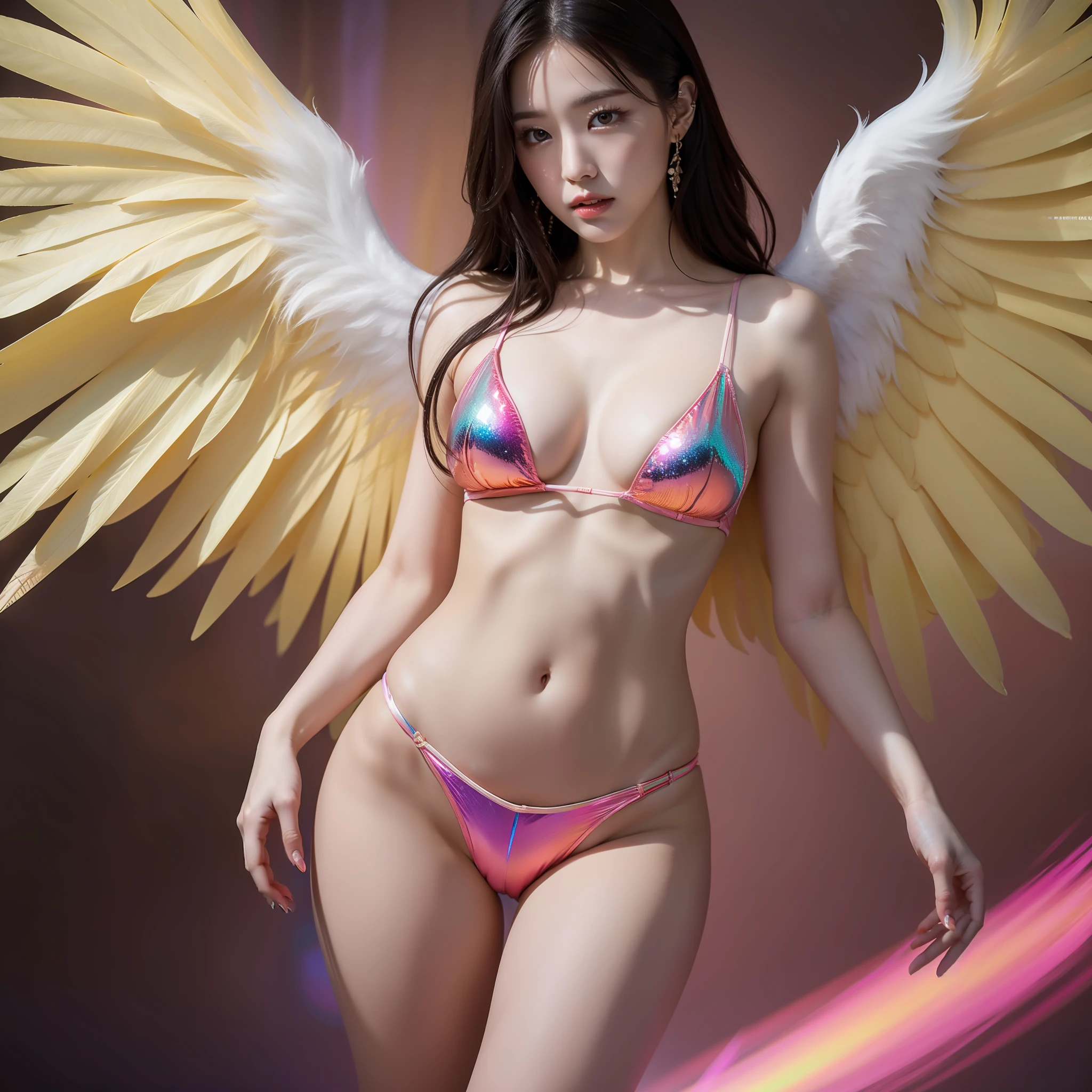 8k, raw, perfect lighting effects, psychedelic background, beauty with angel wings, bulging pubic bone, slender legs, seduction