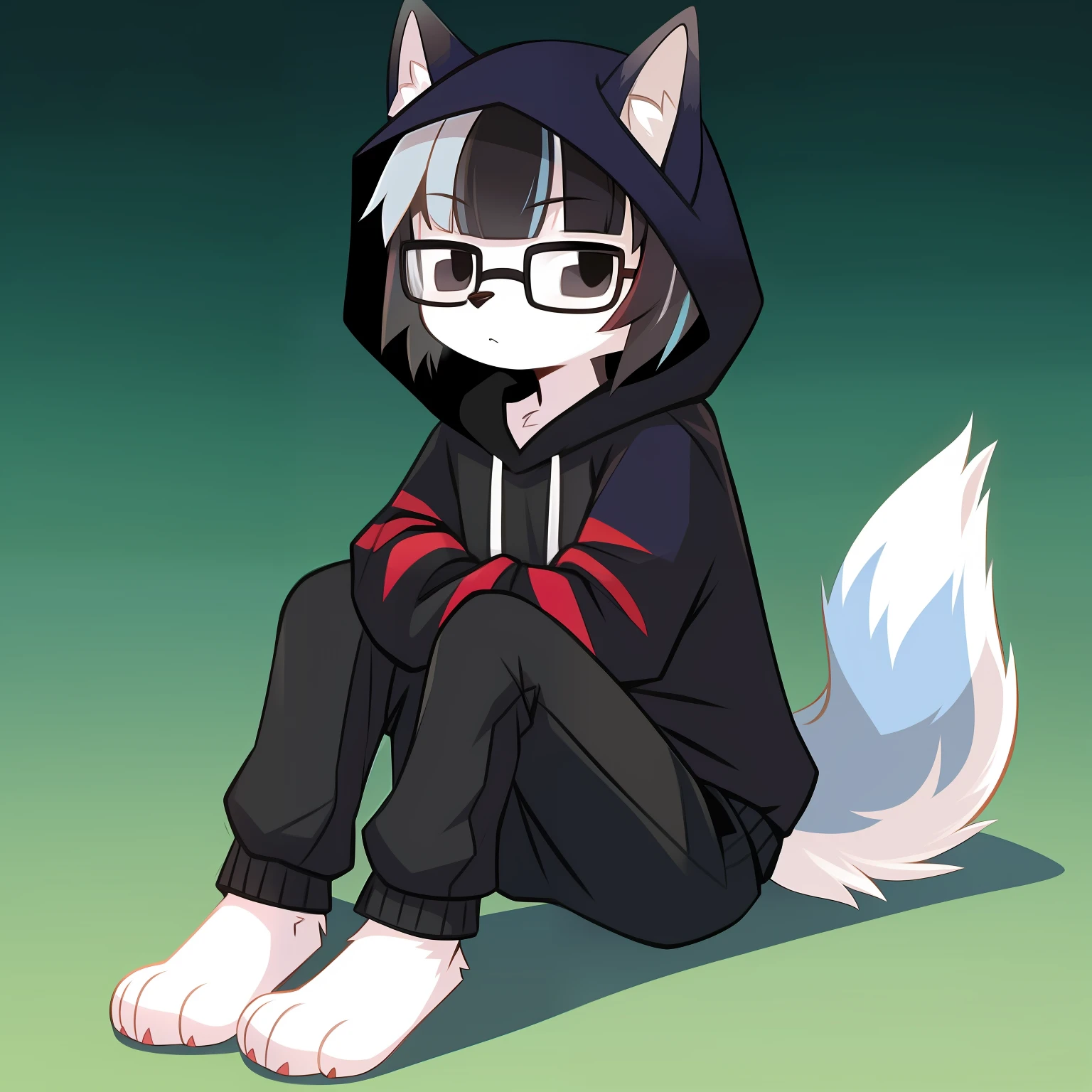 Furry, black eyes, solo, furry male, minor, full body fur, fluffy fur, white paws, blue-white fur, dark blue sweatshirt, black trousers, black hair, gray ears, gradient hair, multicolored hair, black glasses, fluffy tail, red stripes, short hair, blunt bangs, hood, boring, serious, black hair,