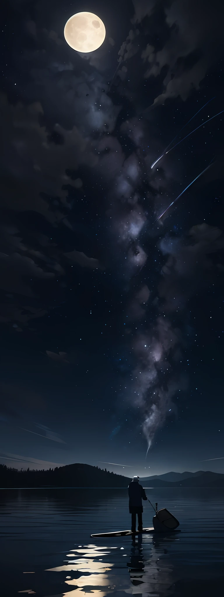 A lonely old man fishing under the moon, reflecting the reflection of the moon on the water, vast landscape photos, (from below, the sky above, the open view below, surrounded by the lake), (full moon: 1.2), (nebula: 1.3), distant mountains, trees BREAK making art, (warm light source: 1.2), intricate details, volumetric lighting BREAK (Masterpiece: 1.2), (Best Quality), 4K, Ultra Detailed, (Dynamic Composition: 1.4), Detailed, Colorful, (Glow, Atmospheric Illumination), Dreamy, Magical, (Solo: 1.2)