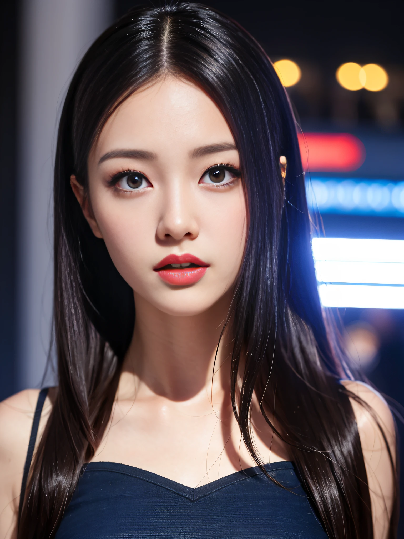 A girl, long hair, half picture, city, future, science fiction, black silk, shorts, night scene, midnight, blue light, neon, night, face close-up, delicate features, beautiful girl, beauty, charming,fashi-girl,red lips,realistic,makeup,