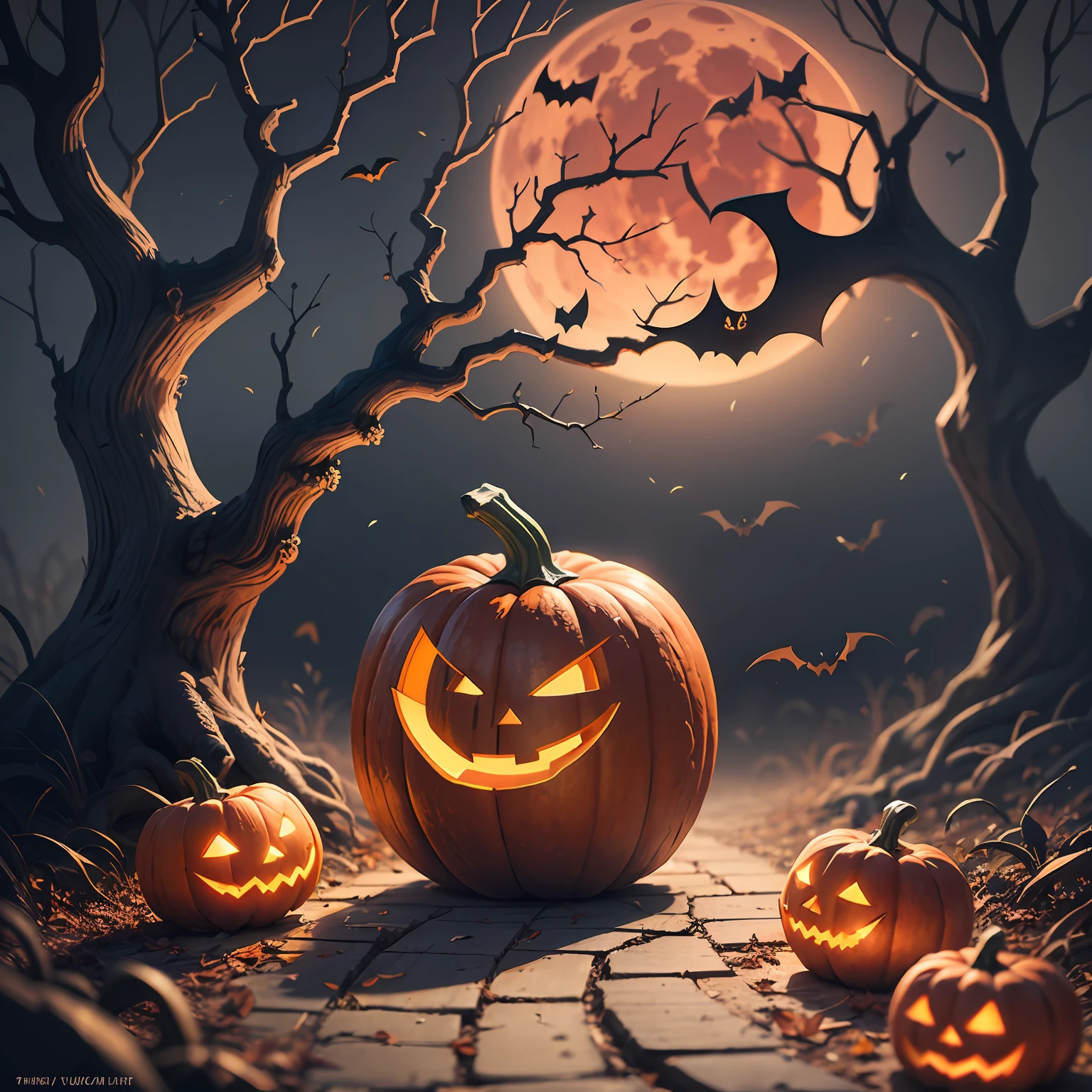 Halloween poster, pumpkin, bat, withered giant branches, red moon, ray tracing, stacked chests, roads