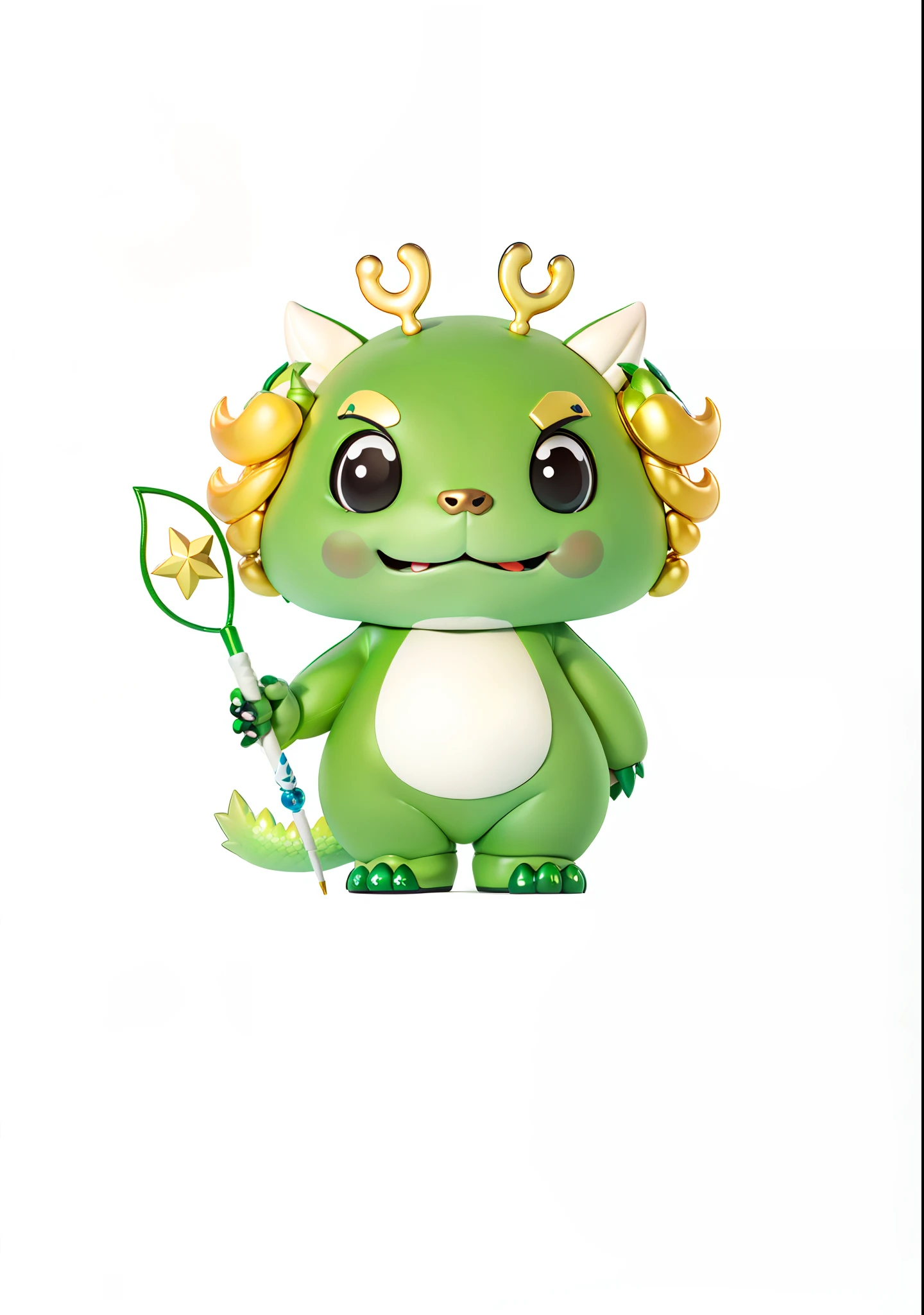 Cartoon green monster with magic wand in hand, as anthropomorphic dragon, golden green creature, cute baby dragon, newly hatched dragon, but as anthropomorphic dragon, cute forest creature, anthropomorphic dragon, dragon-shaped human, humanoid thistle monster, filled dragon, green skin with scales, anthropomorphic, fine, c4d, rendering, model, especially detailed treatment, cute little dragon man,