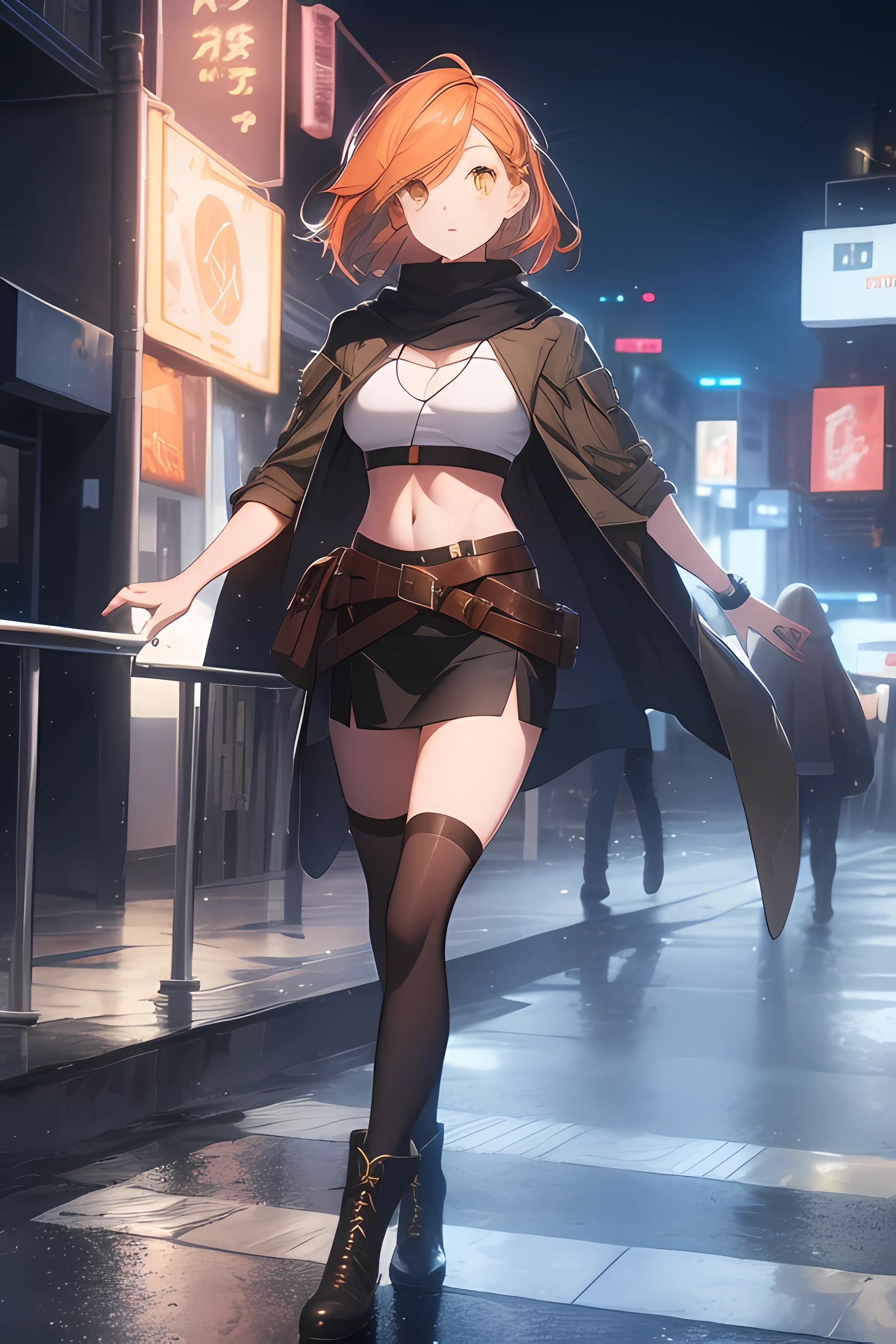 orange eyes light,richly faded light orange hair, anime 1girl, no skirt, brown military boots, pouch on the waist belt, khaki bikini, "black tights", "dark_orange knee pad on right leg",( night city:1.4), black long cloak, (good hand:1.5 ) good legs, (Good face: 1.5), 1girl, best hand, no worst hand. without clothes, in big city, khaki t-shirt, best face, very good face, best eyes, best anatomy,walk  in the night Street