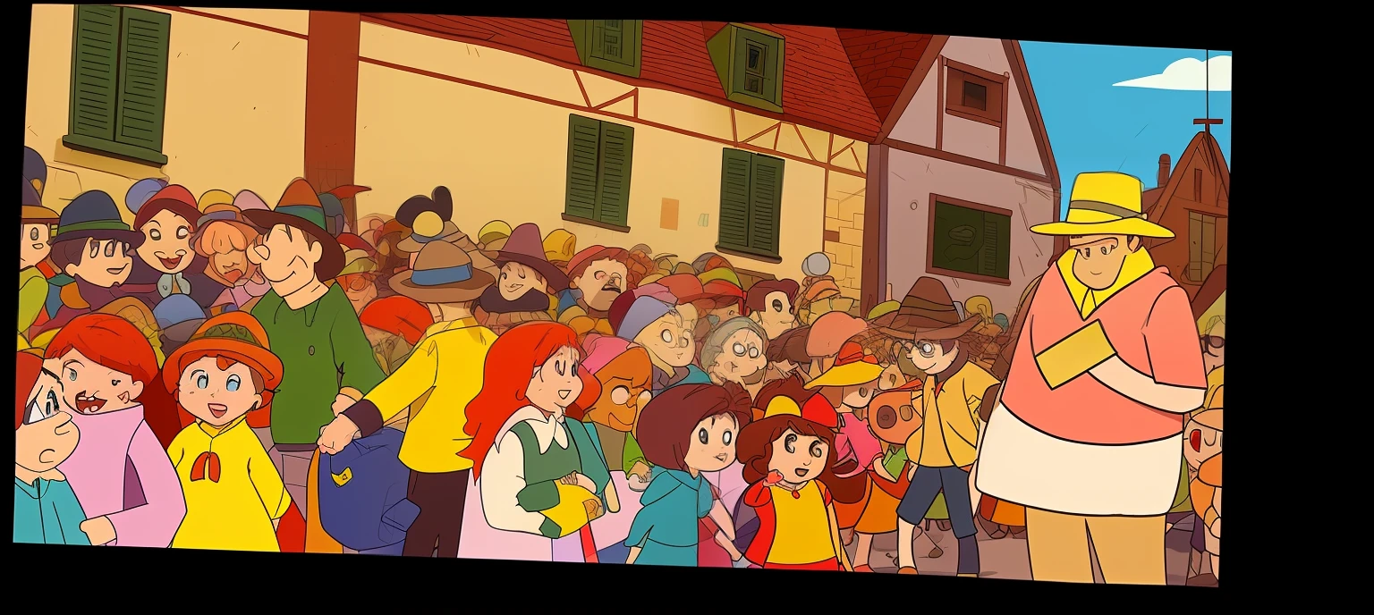 cartoon of a crowd of people with a man in a yellow shirt, the crowd flees the village, large crowds of peasants, animation film still, film still from an cartoon, animated movie scene, animated film still, screenshot from the anime film, children's cartoon, crowded inn in the background, cartoon still, animation still, busytown --auto