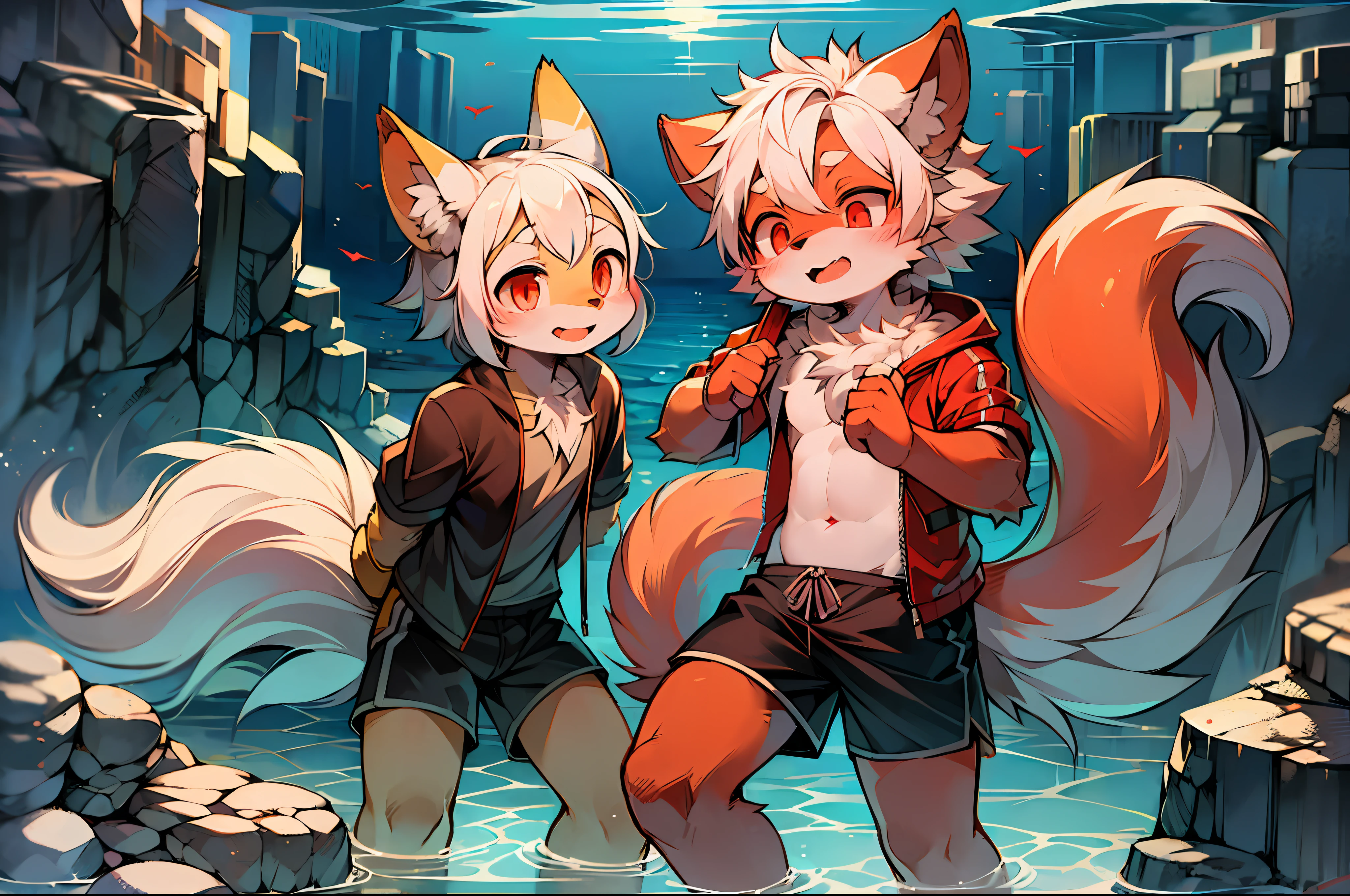 (via Dagasi: 1.1), BREAk, Master Masterpiece, High Resolution, 8k, Detailed Background, High Quality, BREAk, BREAk, ((pale yellow fur, white hair, red sclera, red eyes, fluffy fur, detailed fur)) furry, broken, masculine, boy, humanoid, shorts, swimming trunks, deep sea,, at the bottom of the sea, in the sea, playing in the water, swimming, diving