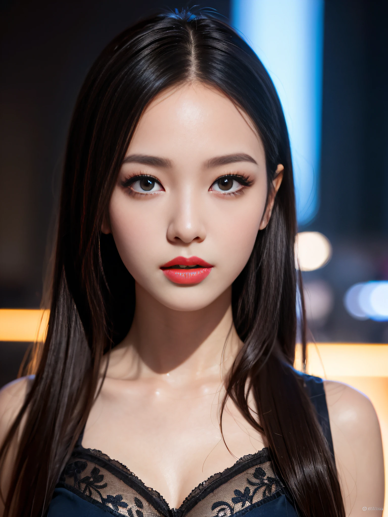 A girl, long hair, half picture, city, future, science fiction, black silk, shorts, night scene, midnight, blue light, neon, night, face close-up, delicate features, beautiful girl, beauty, charming,fashi-girl,red lips,realistic,makeup,