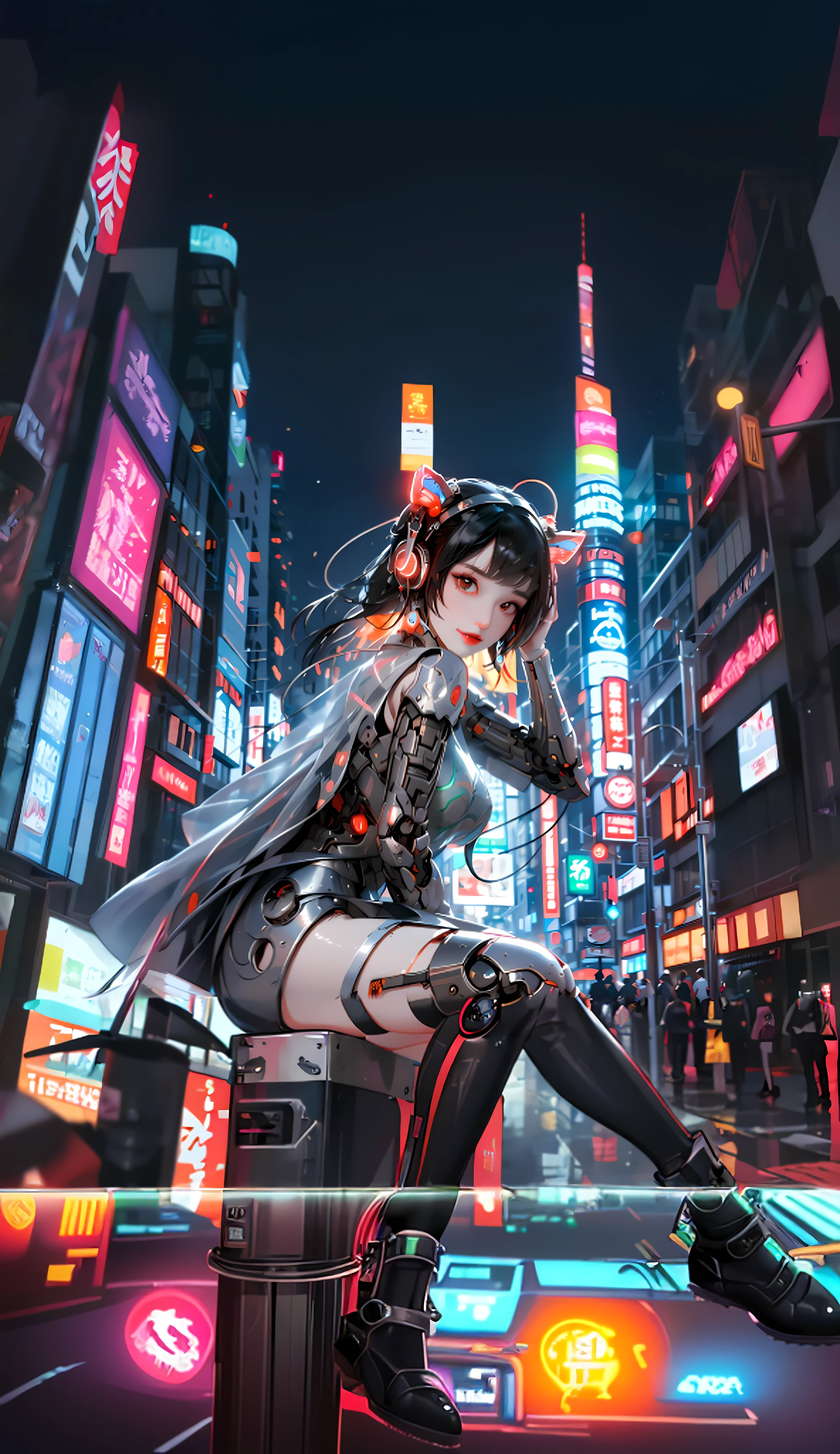 anime girl night sitting in the city post, digital cyberpunk anime art, digital cyberpunk - anime art, cyberpunk anime girl, anime cyberpunk art, cyberpunk anime art, female cyberpunk anime girl, in cyberpunk city, cyberpunk anime girl mecha, cyberpunk art style, modern cyberpunk anime, anime cyberpunk, futuristic cyberpunk Tokyo night, anime style 4 K, in cyberpunk city, mecha boots, mecha shoes