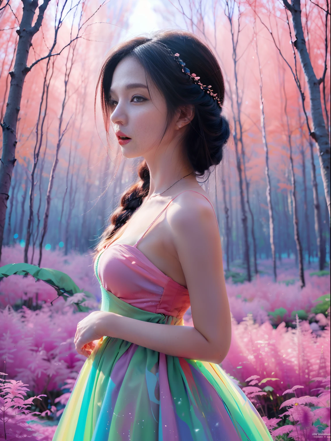 "(((A captivating woman in a surreal dream landscape))), vibrant pink forest, ethereal atmosphere, digital artwork, surrealism, frozen landscape, 8k resolution, masterpiece, close-up, by Joong Keun Lee."