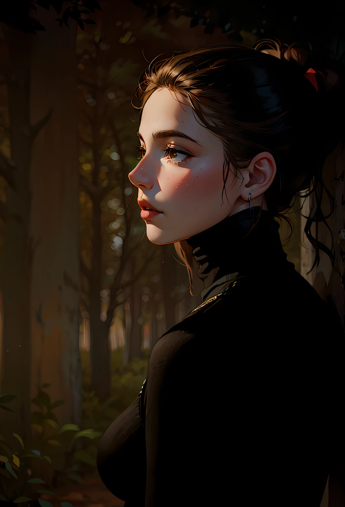 a hyper-realistic portrait of a young woman, under a tree, inside a forest, in the middle of nature, 22 years old, realistic, (lying on her side), sexy, (huge breasts 2:1), short brown hair, (hair tied with bows), curved, SFW