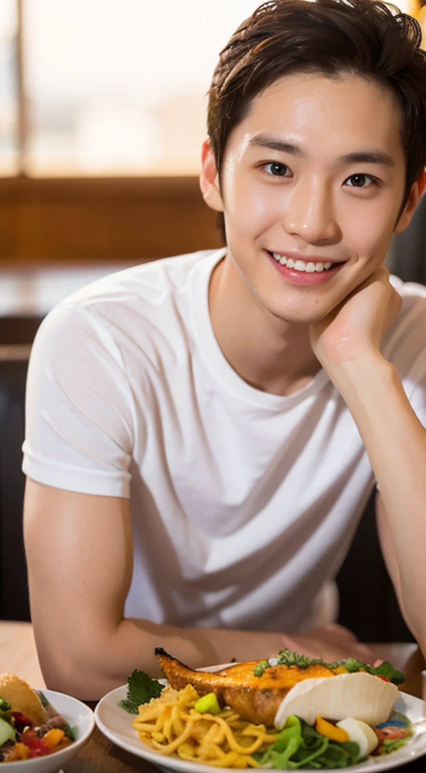 a man about 25 years old, smile, sharp focus, whole body (1.5), summer, wonderful, during a meal,