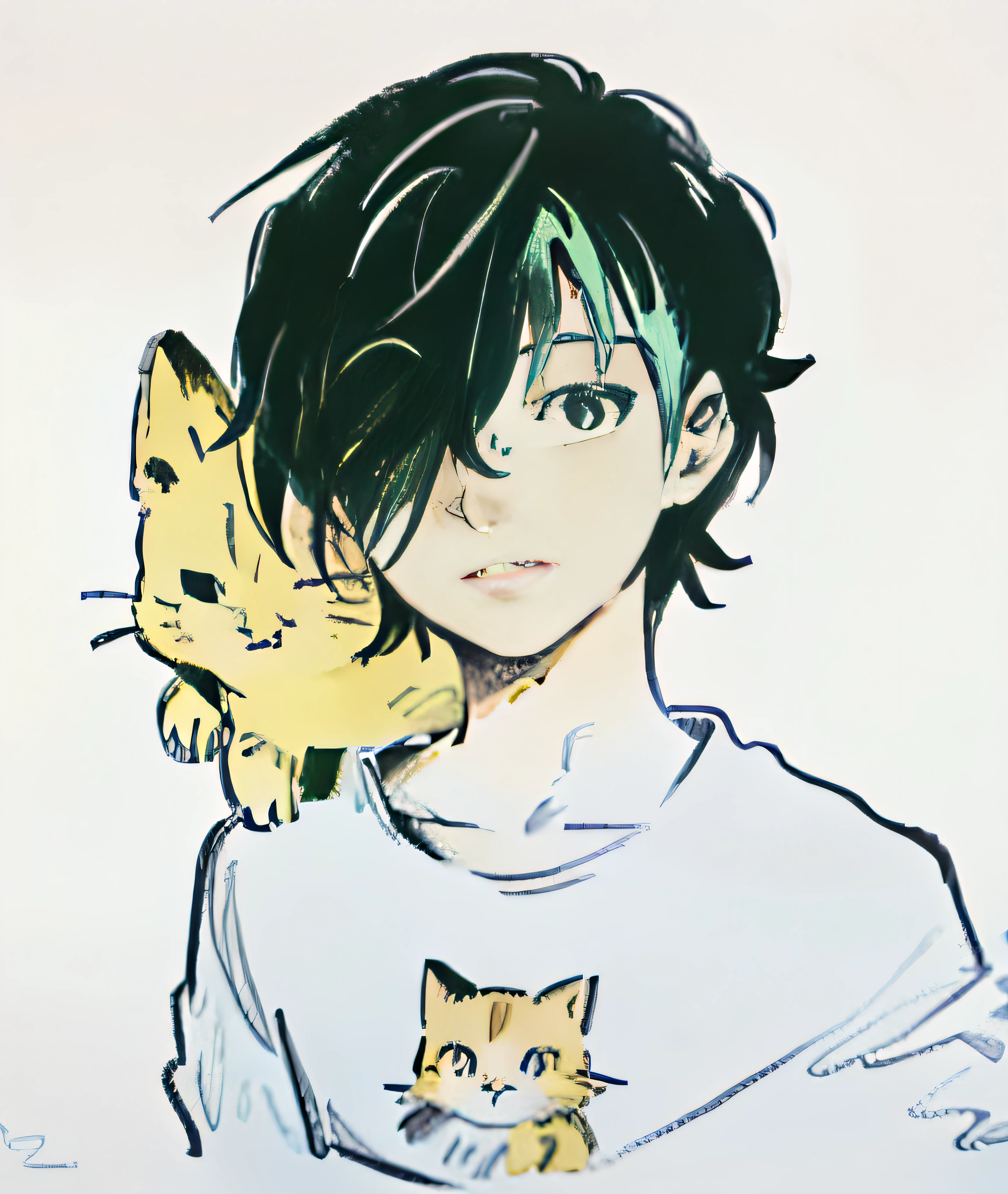 Cartoon picture of a man with green hair and a cat, anime style, anime style, 2 D anime style, as anime character, anime style character, Kentaro Miura manga art style, male anime style, Japanese anime style, Kentaro Miura art style, trigger anime art style, semi-realistic anime style, anime style only, beautiful pupils