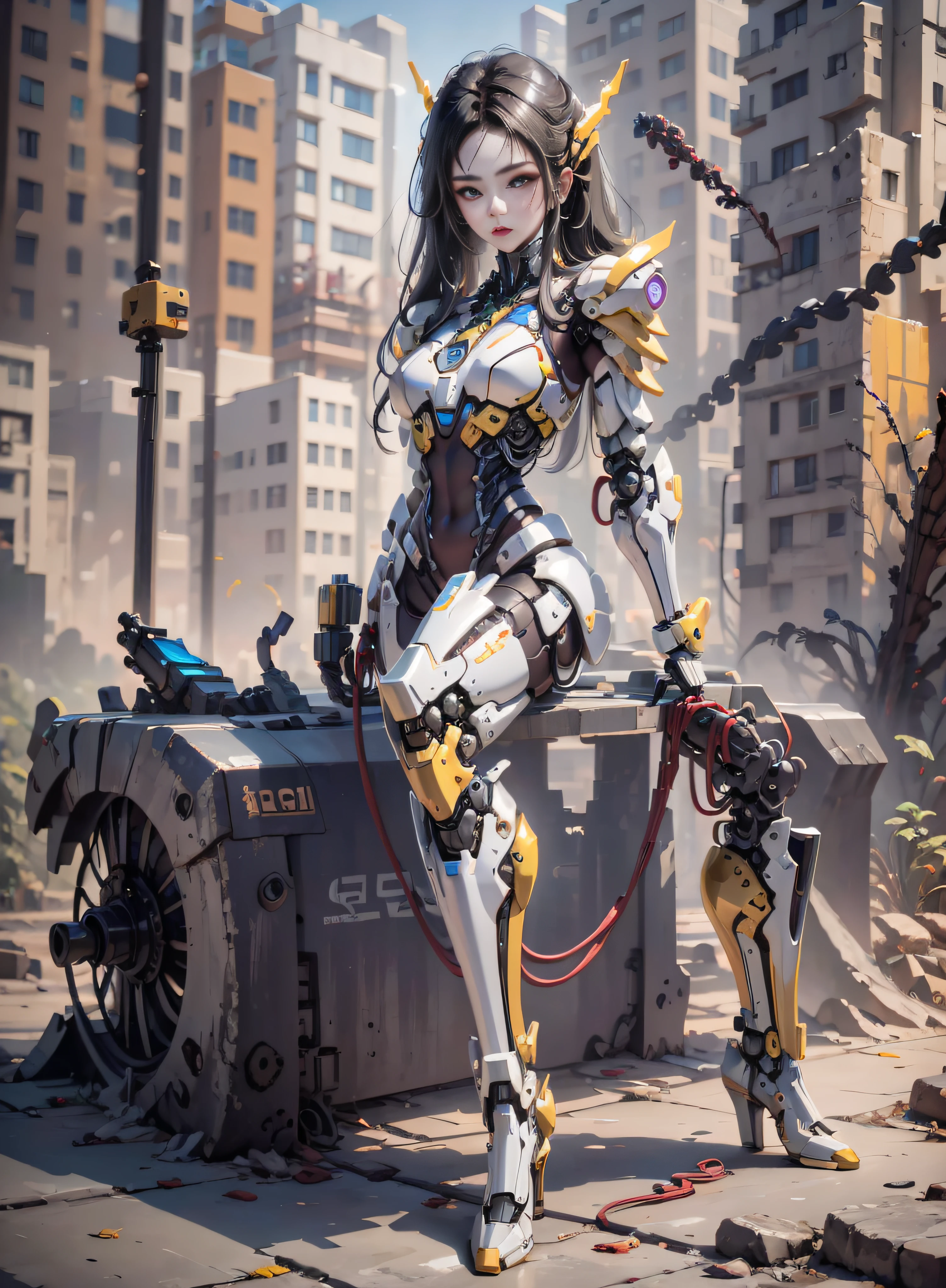 1 mechanical girl, alita combat angel, ((super realistic details)), portrait, global illumination, shadows, octane rendering, 8k, super sharp, metal, complex, ornamental detailed, cold colors, egyptian details, highly complex details, realistic light, CGsociety trends, bright eyes, facing camera, Neon details, mechanical limbs, blood vessels attached to tubes, mechanical vertebrae attached to the back, mechanical cervical vertebrae attached to the neck, Full body, purple wires and cables attached to the head, (heel socks), (red blood), (golden yellow armor, silver white), (transparent bone), provocative sexy posture, bikini white, red,