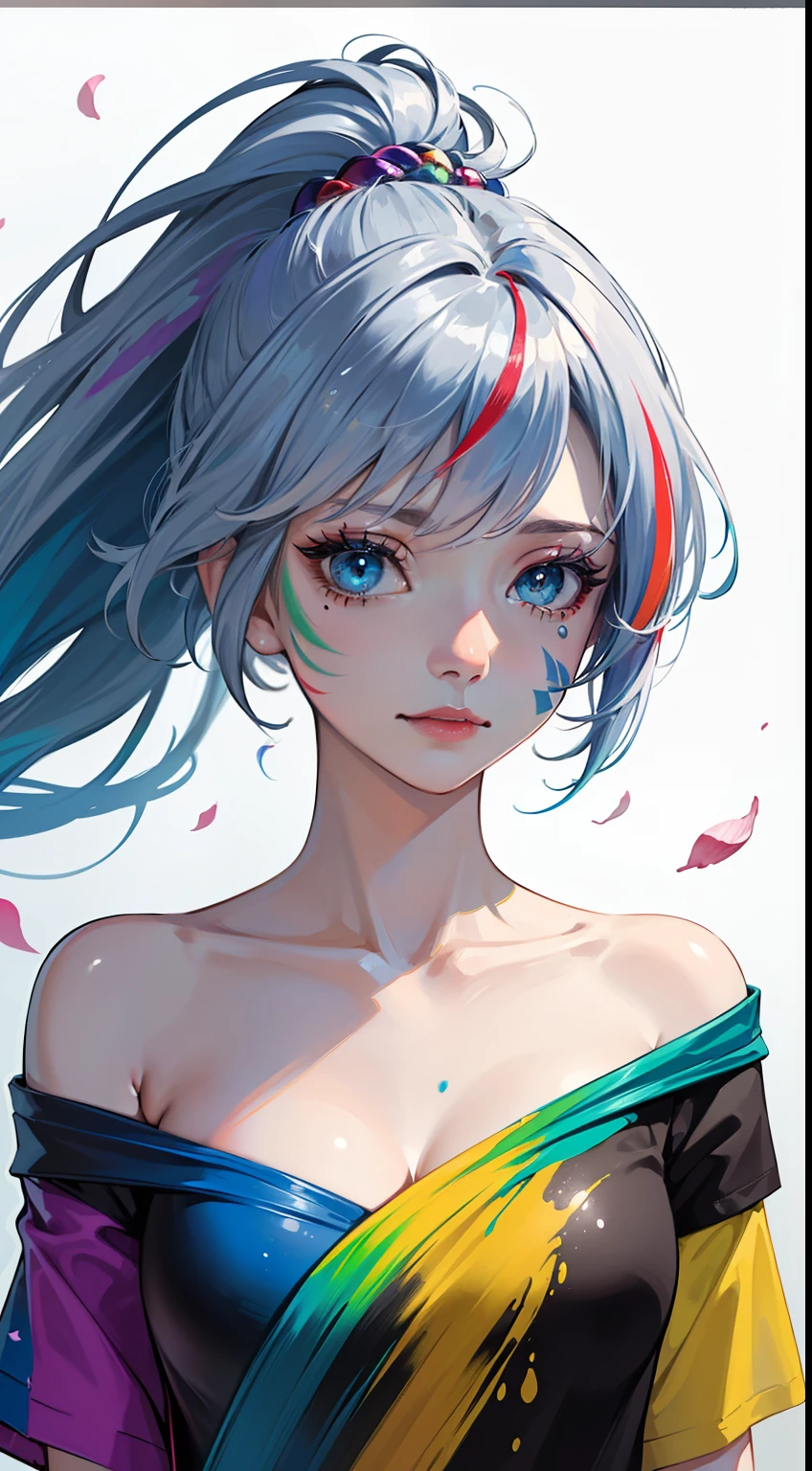 (Colorful hair: 1.8), (all the colours of the rainbow: 1.8), (Colorful clothes: 1.8), (((((vertical painting))), front, comics, illustrations, paintings, large eyes, crystal clear eyes, rainbow color gradient high ponytail, exquisite makeup, closed mouth,(Small Fresh: 1.5), Small Chest, (Wipe Chest: 1.5) ，long eyelashes, white off shoulder T-shirt, looking at the audience, large watery eyes, (rainbow colored hair), color splash, solo, color splash, color explosion, thick paint style, messy lines, ((shining))，(colorful), (colorful), (colorful), colorful, Thick Paint Style, (Splash) (Color Splash), Vertical Painting, Upper Body, Paint Splash, Acrylic Pigment, Gradient, Paint, Highest Image Quality, Highest Quality, Masterpiece, Solo, Depth of Field, Face Paint,  colorful clothes, (Elegant: 1.2), gorgeous,long hair, wind, (Elegant: 1.3), (Petals: 1.4)，(((masterpiece))),(((best quality))),((ultra-detailed)),(illustration),(dynamic angle),((floating)),(paint),((disheveled hair)),(solo),(1girl) , (((detailed anima face))),((beautiful detailed face)),collar,bare shoulders,white hair, ((colorful hair)),((streaked hair)),beautiful detailed eyes,(Gradient color eyes),(((colorful eyes))),(((colorful background))),(((high saturation))),(((surrounded by colorful splashes))),(((surrounded by colorful dot))),Gradient, Exquisite CG, Crystal Clear, Extremely Beautiful, Charming, Shiny, Perfect, Ultra Clear, 16k, High Quality, HD,