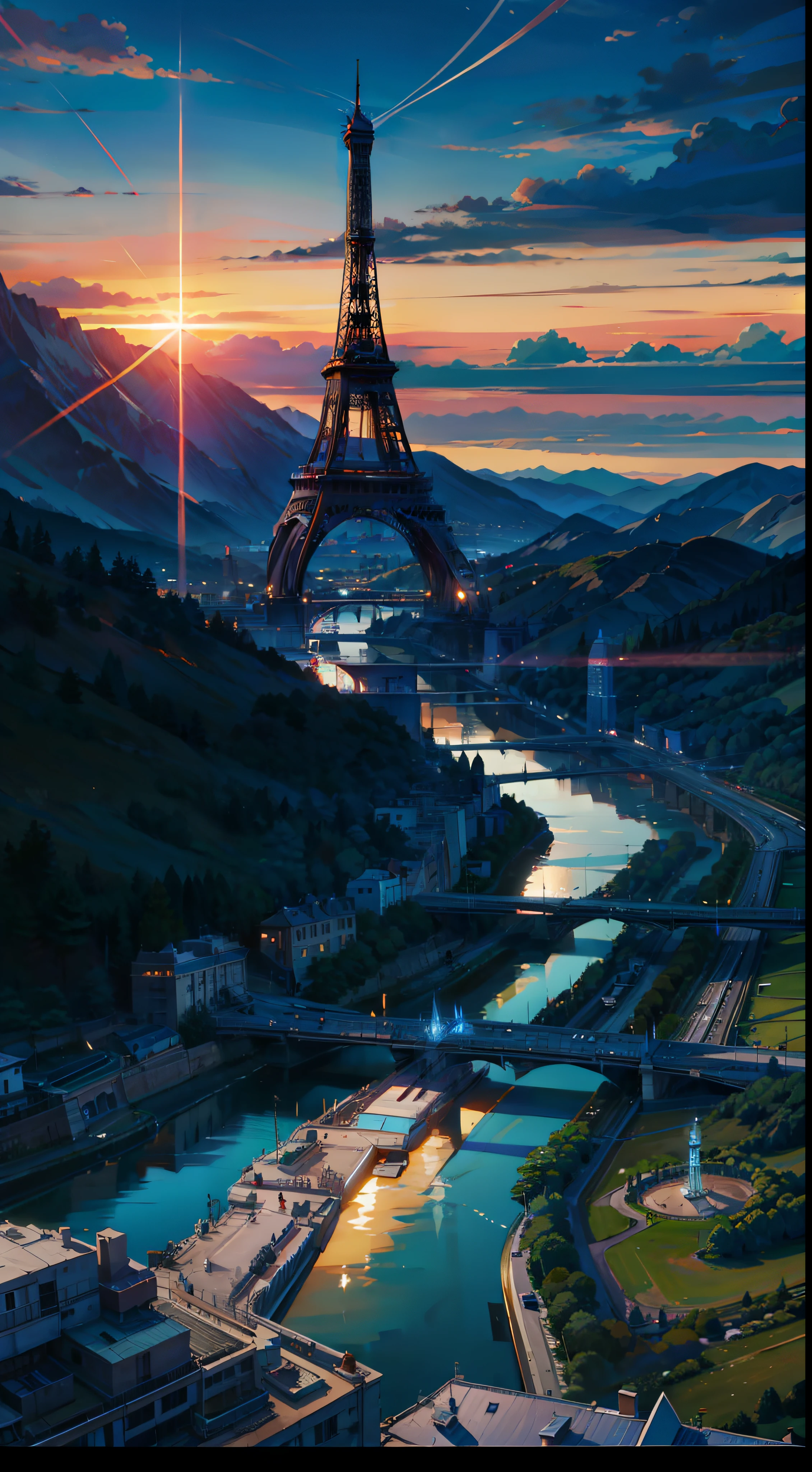 Masterpiece, best quality, sky, sun, clouds, Eiffel Tower, mountains, forests, rivers, vistas
