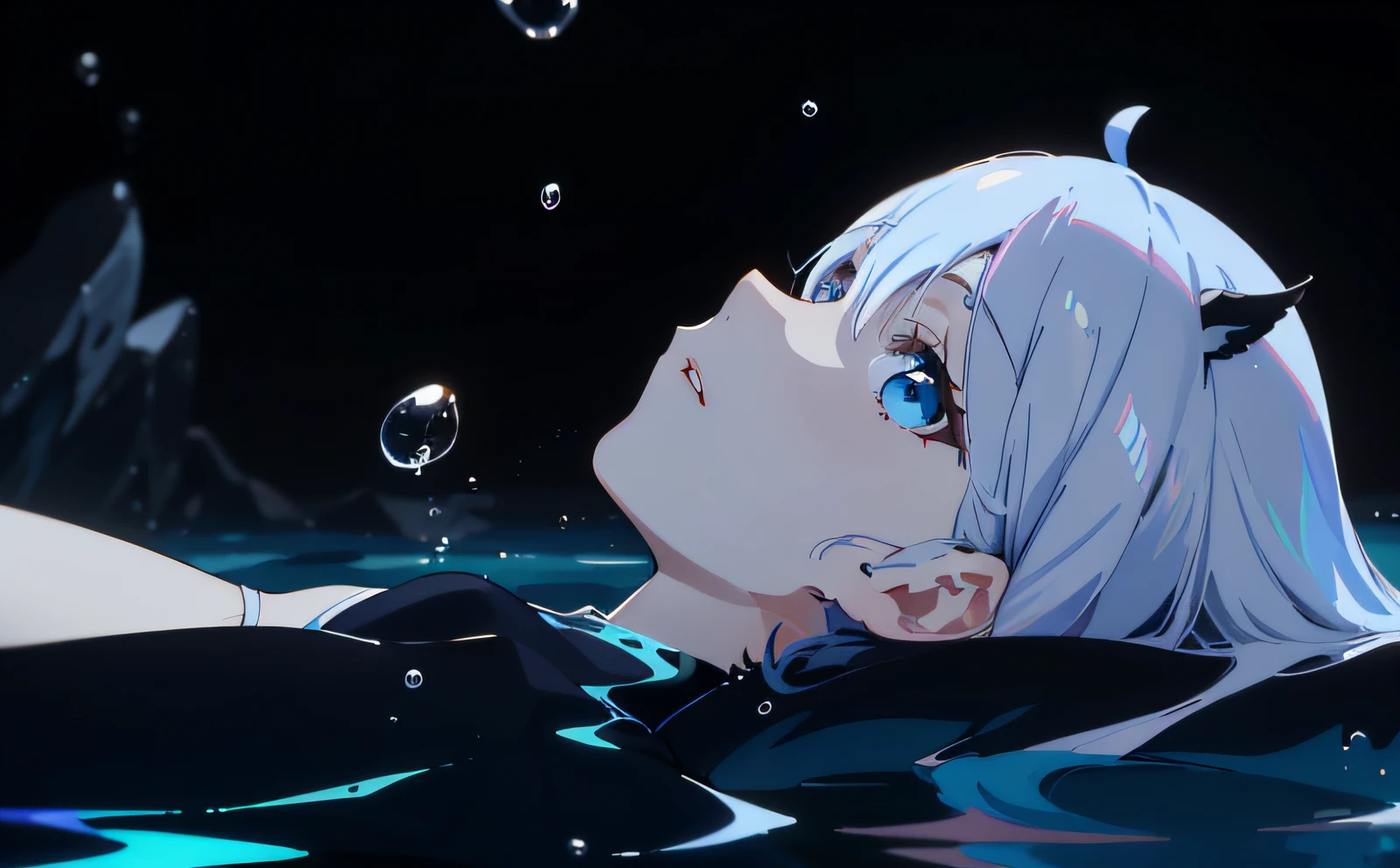 anime image of a woman floating in the water with her head in the water, anime girl on the surface of the water, waves, water drops, wading, Today's featured anime stills, (( ( ( Yoshinari Yoh ) ) ), animation stills, anime movie screenshots, characters half in the water, beautiful anime scenes, in anime movies, screenshots of anime from the 2012s, 8k wallpapers, masterpieces, cinematic lighting, top quality, illustrations, dramatic angles, ((color: 1.1)),((color inner hair: 1.4)), 1 girl, solo, long hair, water, blue eyes, necklace, parted lips, white, liquid hair, white hair, bangs, bangs, from side, silhouette, upper body, blue hair, simple background, gray background, bare shoulders, portrait, looking at the audience, white dress, between hair, colorful hair,pink hair, white background, face lighting, dynamic lighting, cinematic lighting, ultra-realistic, high resolution, photography, Sharp focus, highest detail, extreme detail, super detail, fine detail, extremely detailed eyes and face