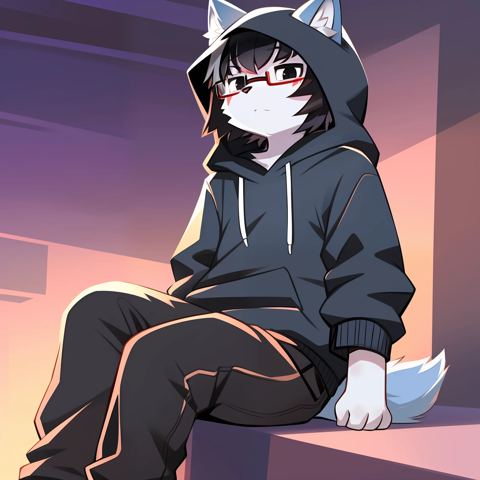 Furry, black eyes, solo, furry male, minor, full body fur, fluffy fur, white paws, blue-white fur, dark blue sweatshirt, black trousers, black hair, gray ears, gradient hair, multicolored hair, black glasses, fluffy tail, red stripes, short hair, blunt bangs, hood, boring, serious, black hair,