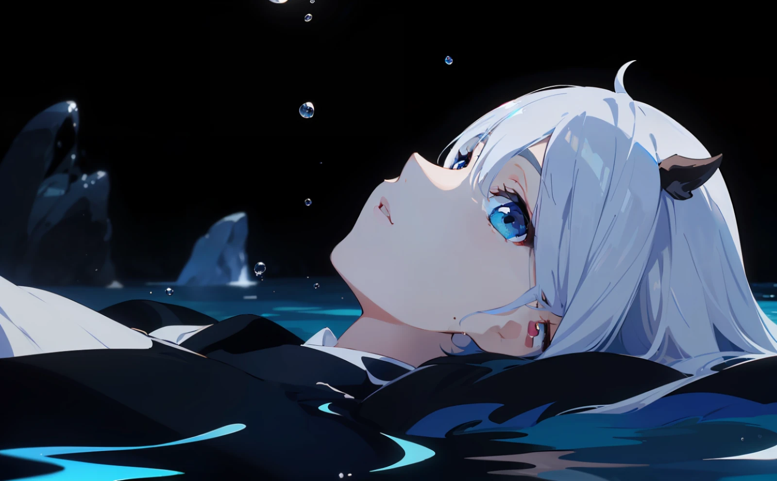 anime image of a woman floating in the water with her head in the water, anime girl on the surface of the water, waves, water drops, wading, Today's featured anime stills, (( ( ( Yoshinari Yoh ) ) ), animation stills, anime movie screenshots, characters half in the water, beautiful anime scenes, in anime movies, screenshots of anime from the 2012s, 8k wallpapers, masterpieces, cinematic lighting, top quality, illustrations, dramatic angles, ((color: 1.1)),((color inner hair: 1.4)), 1 girl, solo, long hair, water, blue eyes, necklace, parted lips, white, liquid hair, white hair, bangs, bangs, from side, silhouette, upper body, blue hair, simple background, gray background, bare shoulders, portrait, looking at the audience, white dress, between hair, colorful hair,pink hair, white background, face lighting, dynamic lighting, cinematic lighting, ultra-realistic, high resolution, photography, Sharp focus, highest detail, extreme detail, super detail, fine detail, extremely detailed eyes and face