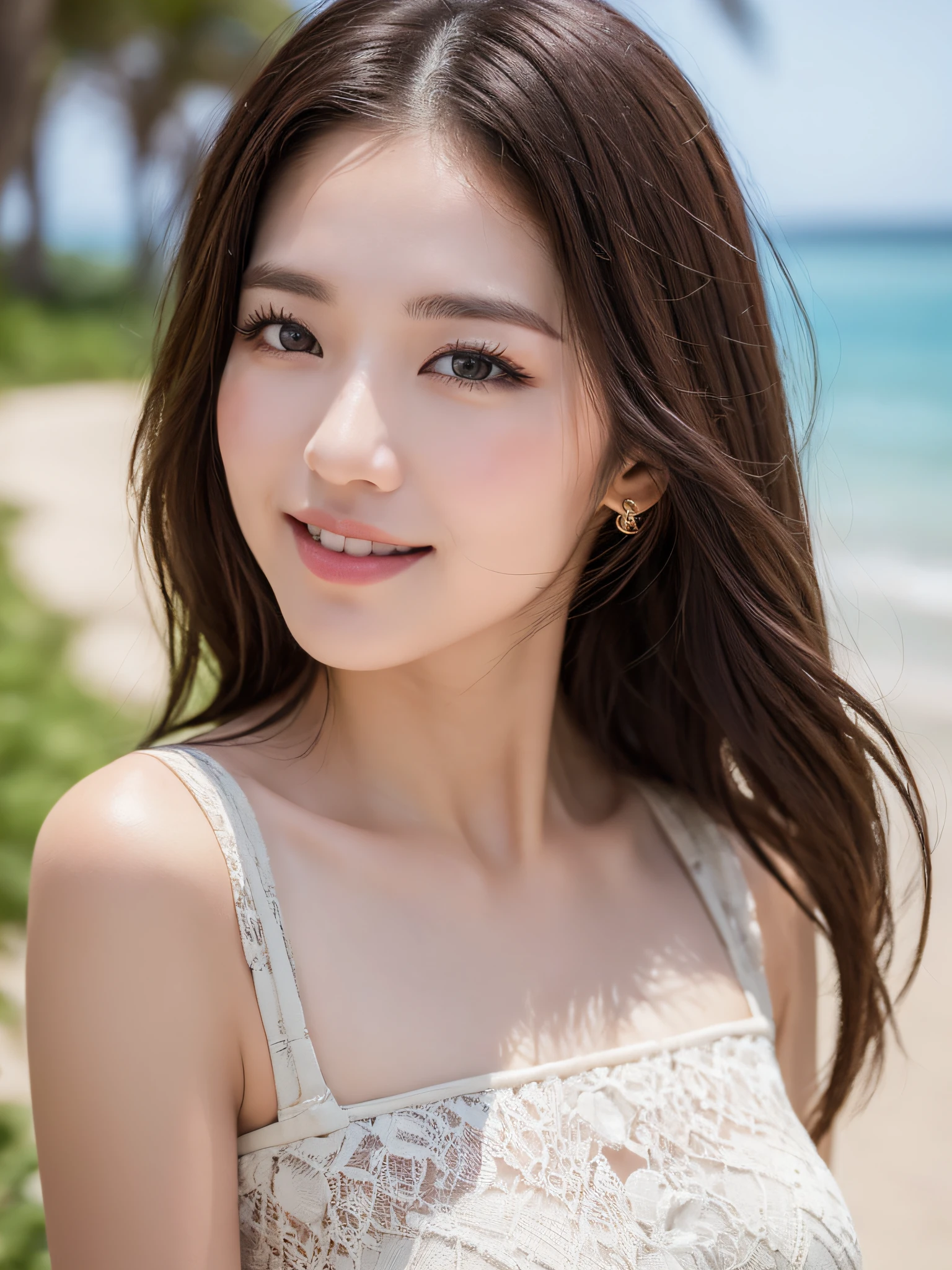 ((Best Quality, 8k, Masterpiece: 1.3)), 1 girl, smile, full body, slim face, pretty woman, (short dark brown hair), full length loose dress :1.1, super detailed face, detailed eyes, double eyelids, blurred background, slim face, sea, sandy beach,