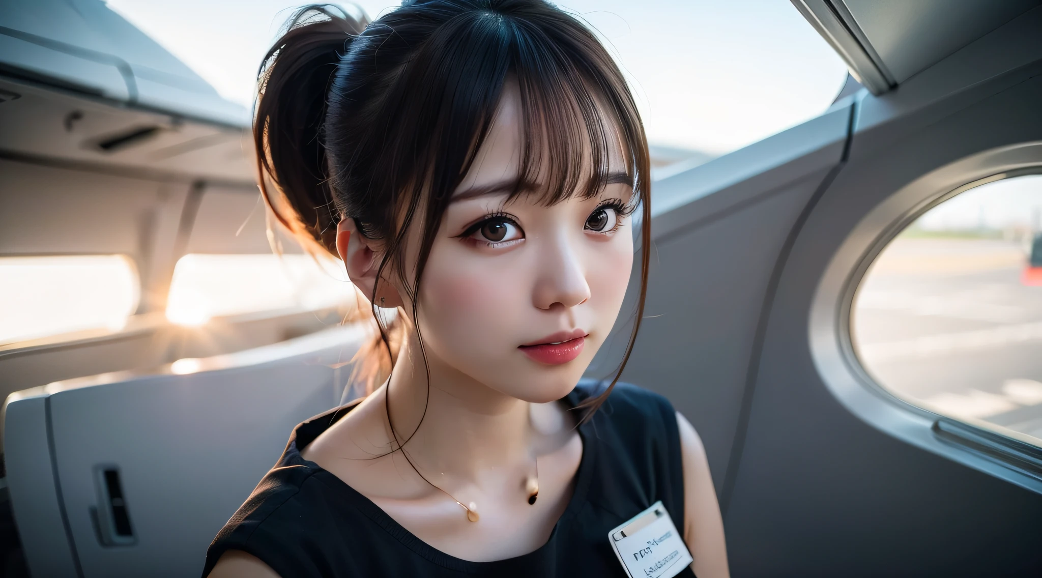 photo of an ultra realistic 4k, hyper realistic, focused, perfect face, beautiful face, many fine details, photography, photorealism, highest quality, highest detail, third person view, long exposure, 8K, Ultra-HD, ultra details, award-winning photography, stewardess, airplane, ponytail hair, Korean, Korean idol, Korean beauty, full body,