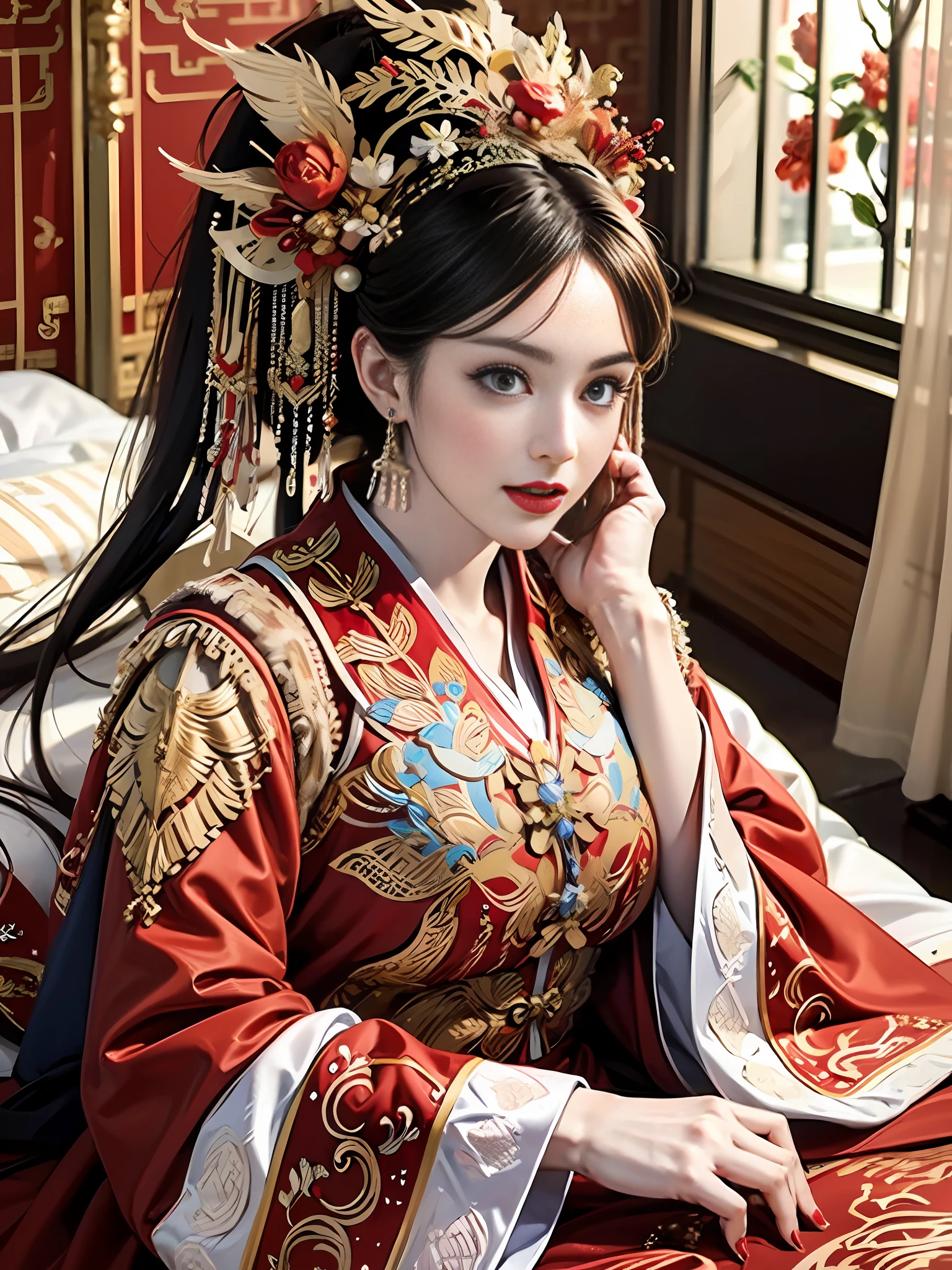 (ultra realistic 8k CG:1.2),perfect artwork,delicate pattern,intricate detail, (unparalleled masterpiece,best quality:1.2),(extremely intricate:1.2),a woman in a red and gold dress, Phoenix crown,hair stick,(sitting on red bed),Cosmetic,blush,shy,black_hair, looking down, Cosmetic,(forehead dot),(2 red candles), chinese_clothes, curtains, earrings, hair_ornament, hanfu, indoors, jewelry, red nails, long_sleeves, red dress, red lips, tassel, (Red quilt),(red palace:1.2),(ancient Chinese architecture),(red:1.8),night