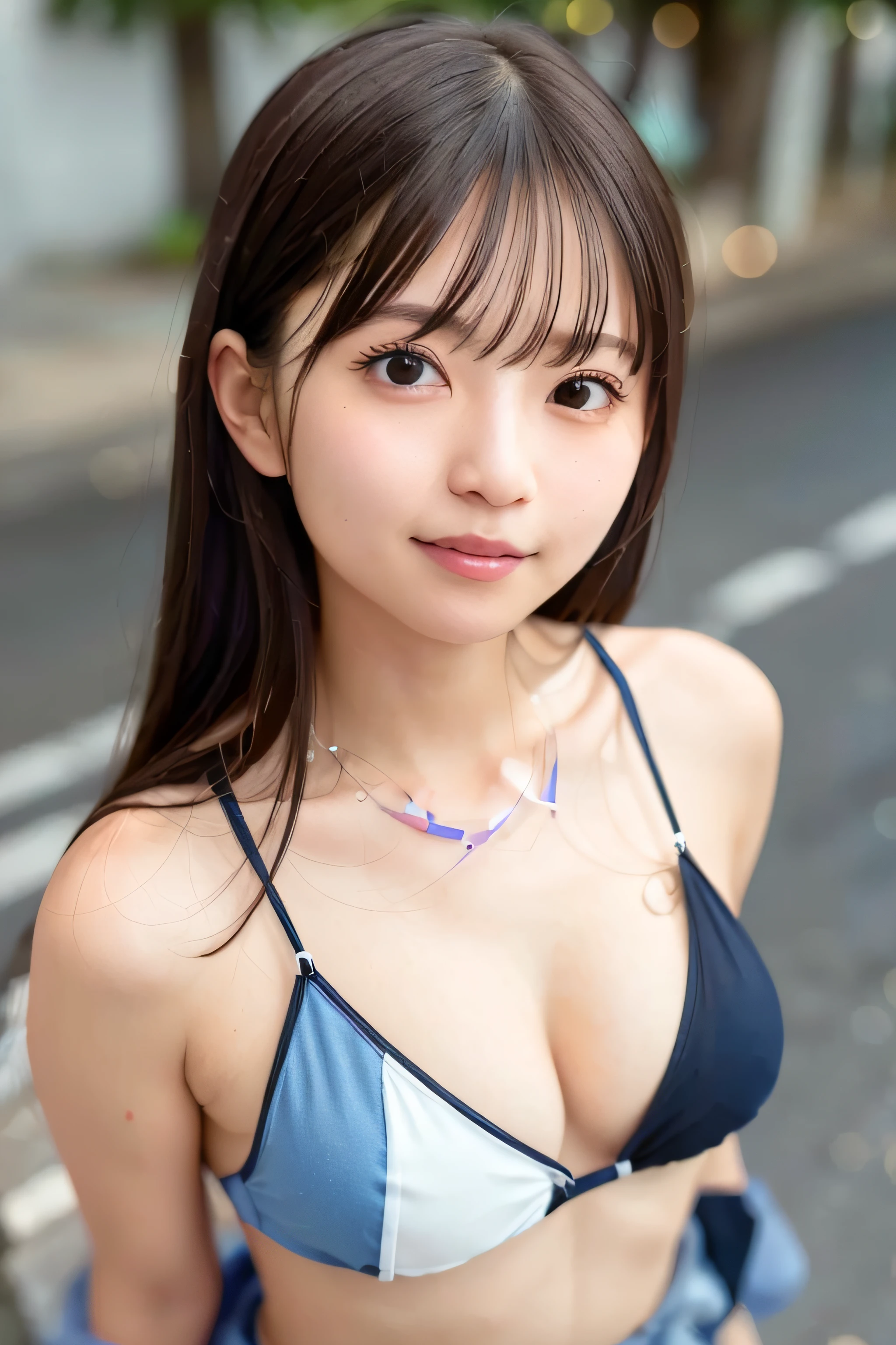 (Skin Scratch: 1.2), (Skin Dent), Black Eyes, 1 Female, 20 years old, ((((Female))), Solo, Realistic, Best Quality, Photorealistic, Masterpiece, 8K, High Resolution, Solo, Highly Detailed Face, (Professional Lighting, Bokeh), (Light Particles, Lens Flare, Luminous Particles: 0.6), (Dynamic Pose: 1.2), Soft Lighting, Angle View from Above fashionable and trendy atmosphere, Japan, (street: 1), Tokyo, (city), river, ((nighttime)), sky, (see the viewer: 1)), (look at the camera), (portrait: 0.6), gorgeous, walking, keep the original facial proportions, wide shoulders, full body, (??????????????), (long hair), brown hair, floating hair, lips, lipstick, seductive smile, floating hair, (smile), (mouth open), teeth, bikinis, moles, (moles under the eyes: 1),