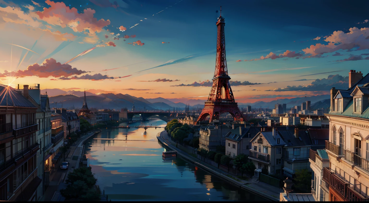 Masterpiece, best quality, sky, sun, colored clouds, Eiffel Tower, city complex, mountains, river, heads-up