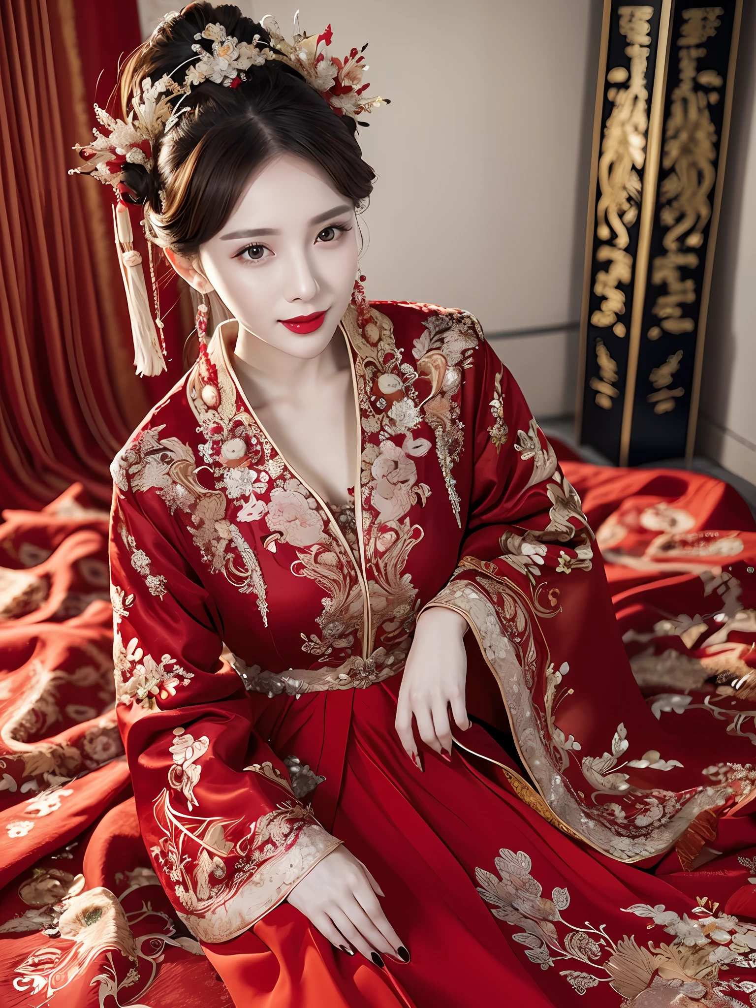 (ultra realistic 8k CG:1.2),perfect artwork,delicate pattern,intricate detail, (unparalleled masterpiece,best quality:1.2),(extremely intricate:1.2),a woman in a red and gold dress, Phoenix crown,hair stick,(sitting on red bed),Cosmetic,blush,shy,black_hair, looking down, Cosmetic,(forehead dot),(2 red candles), chinese_clothes, curtains, earrings, hair_ornament, hanfu, indoors, jewelry, red nails, long_sleeves, red dress, red lips, tassel, (Red quilt),(red palace:1.2),(ancient Chinese architecture),(red:1.8),night