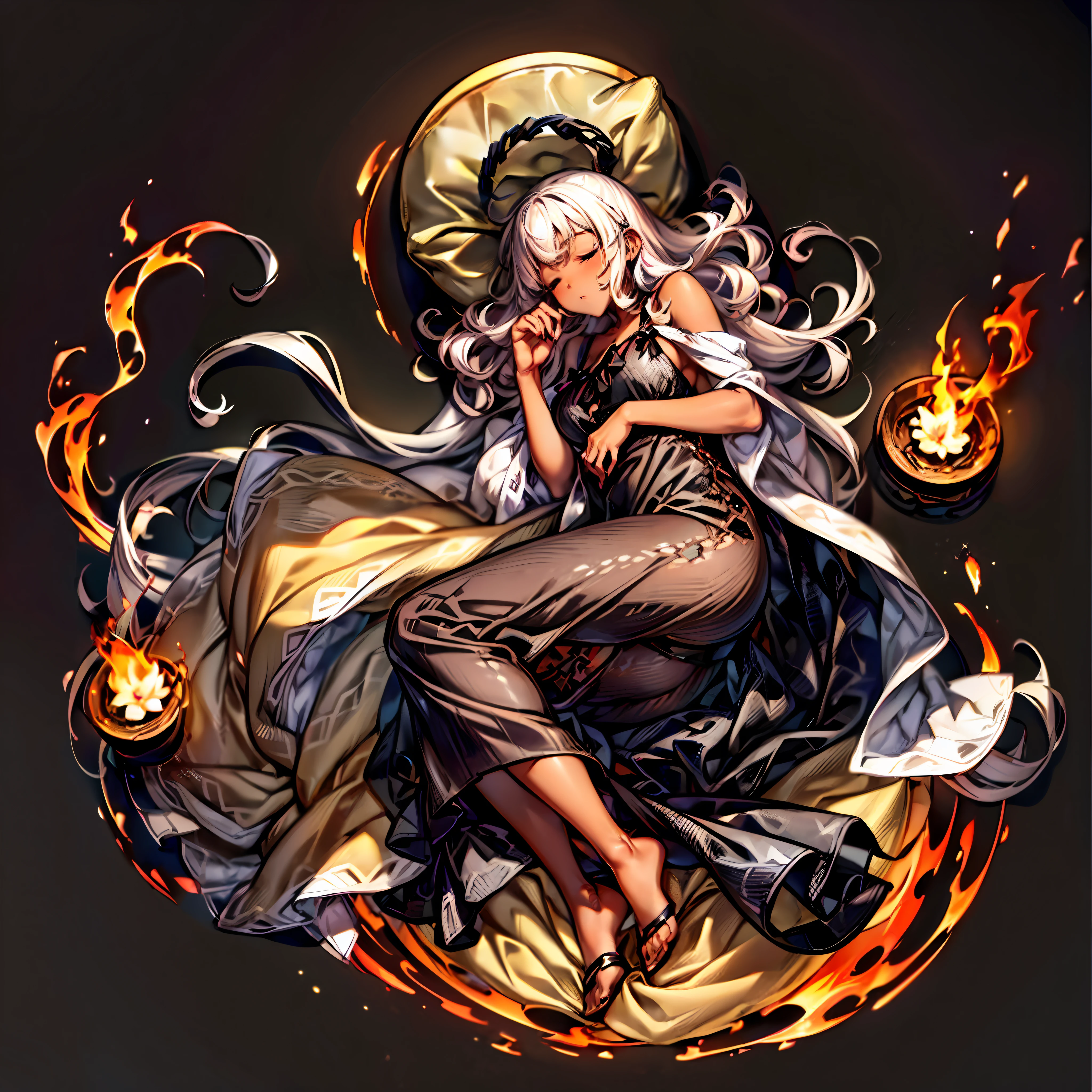 Amano yoshitaka, anime illustration, fine detail, beautiful face, black woman, (dark skin:1.5), (short woman:1.2), curled up sleeping peacefully, (aerial shot, full body shot:1.2), (vanilla color sundress:1.5), golden hair, curly long hair, enveloped by cozy warm flames, (simple background, black background:1.2), solo, nice hands, nice feet