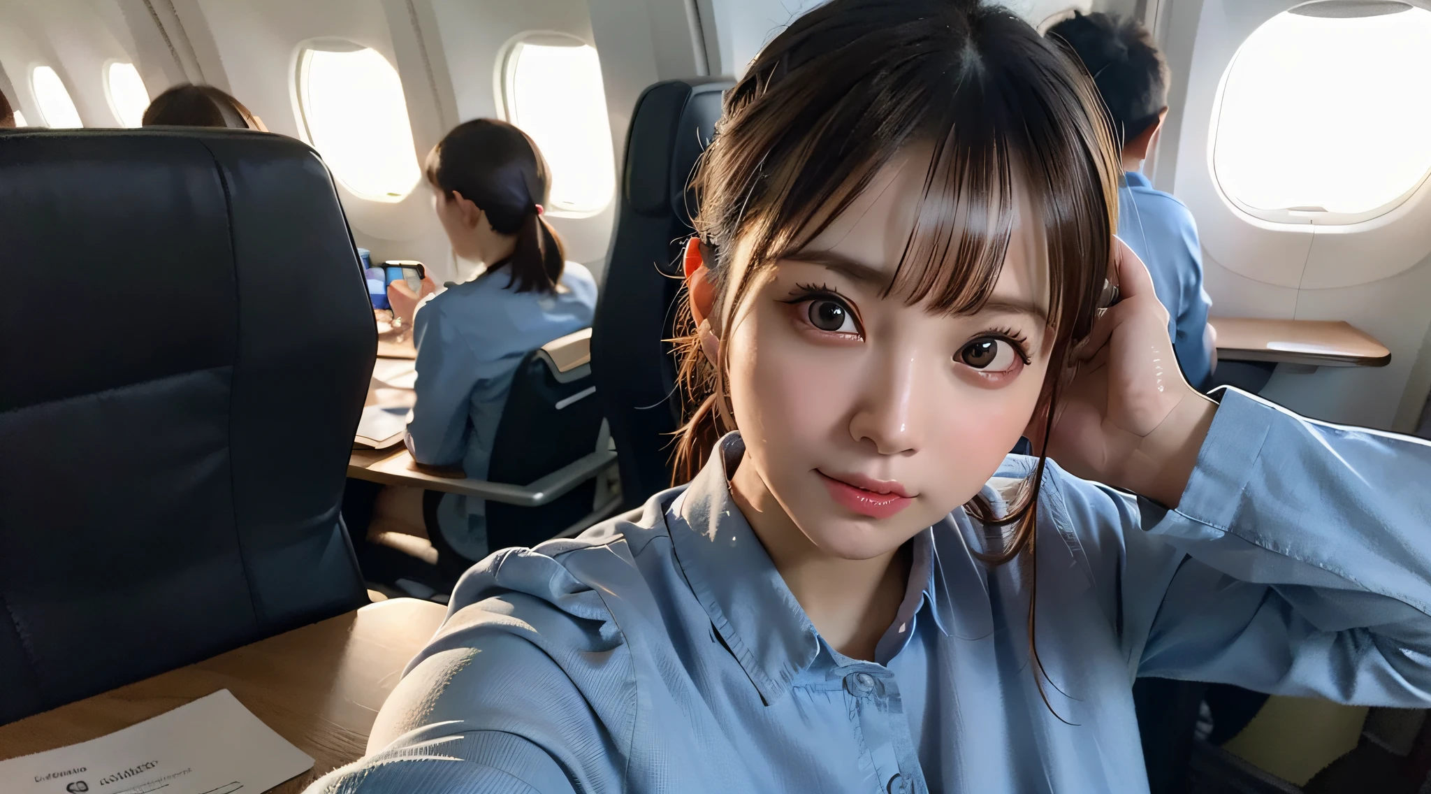 photo of an ultra realistic 4k, hyper realistic, focused, perfect face, beautiful face, many fine details, photography, photorealism, highest quality, highest detail, third person view, long exposure, 8K, Ultra-HD, ultra details, award-winning photography, stewardess, airplane, ponytail hair, Korean, Korean idol, Korean beauty, full body,