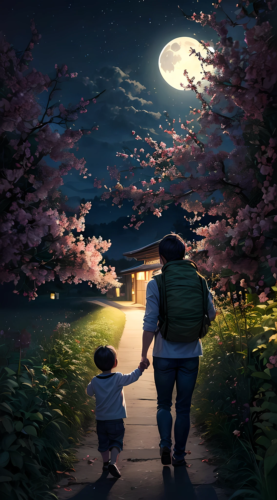 In the dark night, illuminated by the big moon, a warm picture unfolds in front of you: a father carrying his  on his back, walking home on his way. Moonlight fireflies are beautiful, groves, small proportions of characters, perfect presentation of characters