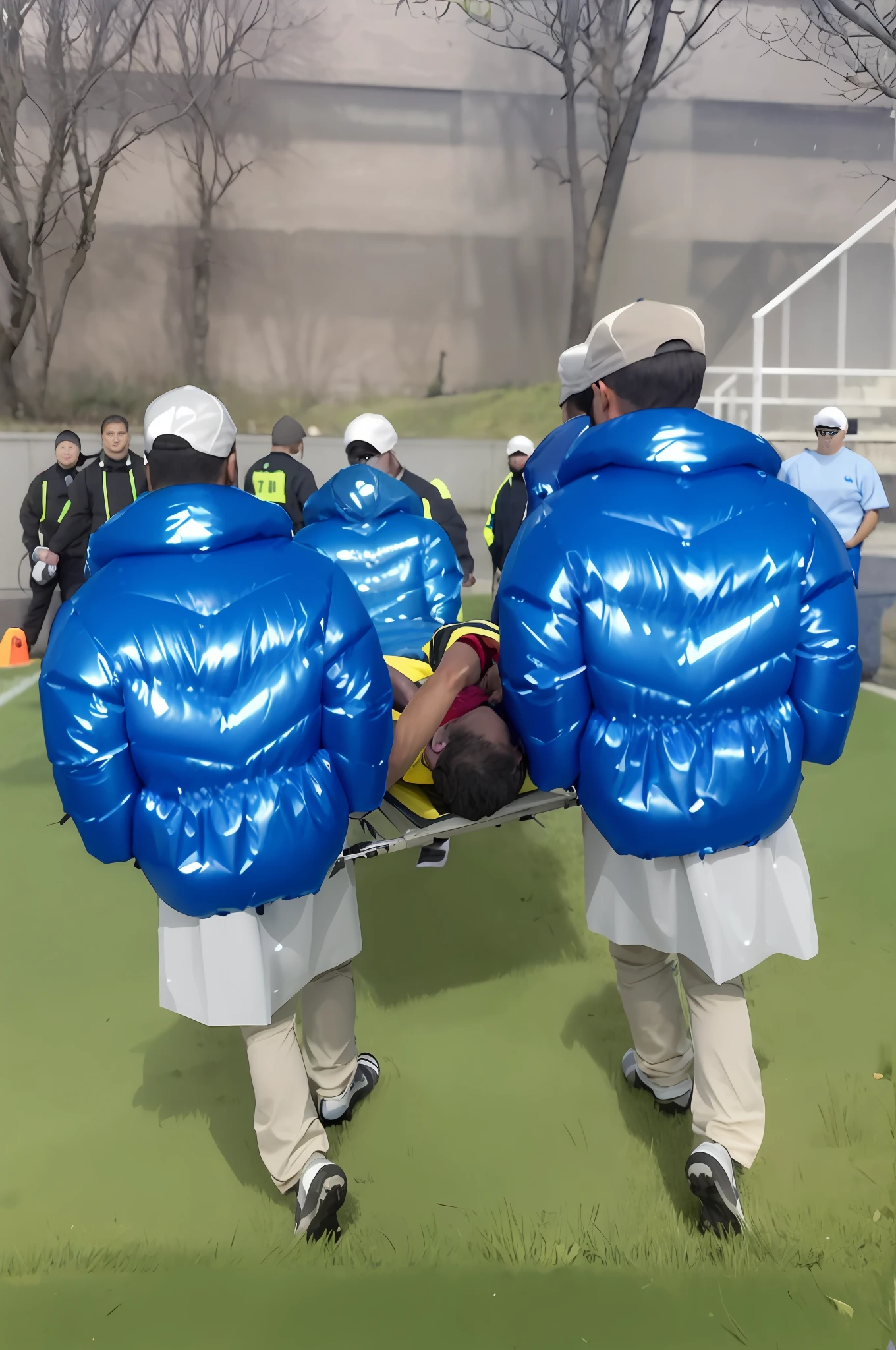 there are chinese nurses in blue uniform jackets carrying a stretcher, There is a man lying on a stretcher with his hands crossed over his face, a man in a t-shirt and sports shorts has crossed his hands over his face, the man has an agonised face under his hands, two longhairedponytailed women that are wearing very shiny coats, there are longhaired women wearing laquered puffy coats, longhaired women are walking in wetlook puffy coats, several women walking around a football field with an injured athlete on a stretcher, the injured athlete on the stretcher covers his face with both hands, the women look very worried, behindthe women there is a frightening atmosphere, there is heavy rainfall in the background, video still, behind the scenes, Malika Favre, screenshot, footage, 4 0 9 6, cover photo, aesthetic shot, dramatic mood, intense scene, Making of, Mongezi Ncaphayi, Thriller atmosphere, Filming, Edited, chinese nurses with high shine blue puffer jackets, future inflatable jacket, close-up photography, close-up, koons, insanely inflated hips, inflatable shoes of the future, foil, digitally painted, costume, freezing, lol, football, [ Digital art, edited, glitch in the matrix, 2 0 0 8, 2008, photo shot, threatening!!
