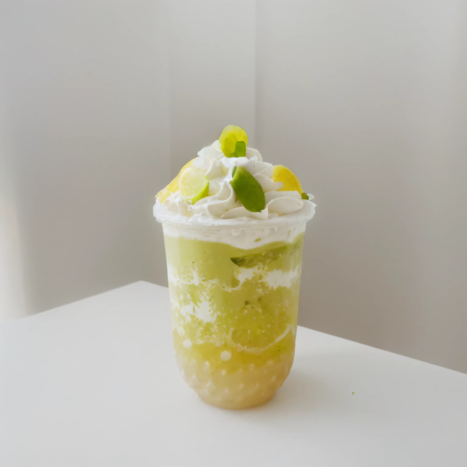 there is a cup of ice cream with a green and white topping, loputyn and matcha, 🍸🍋, whipped cream on top, avacado dream, lime, colored milk tea, jelly - like texture, sea of parfait, juice, it has lemon skin texture, slush)), shogakukan, lime and gold hue