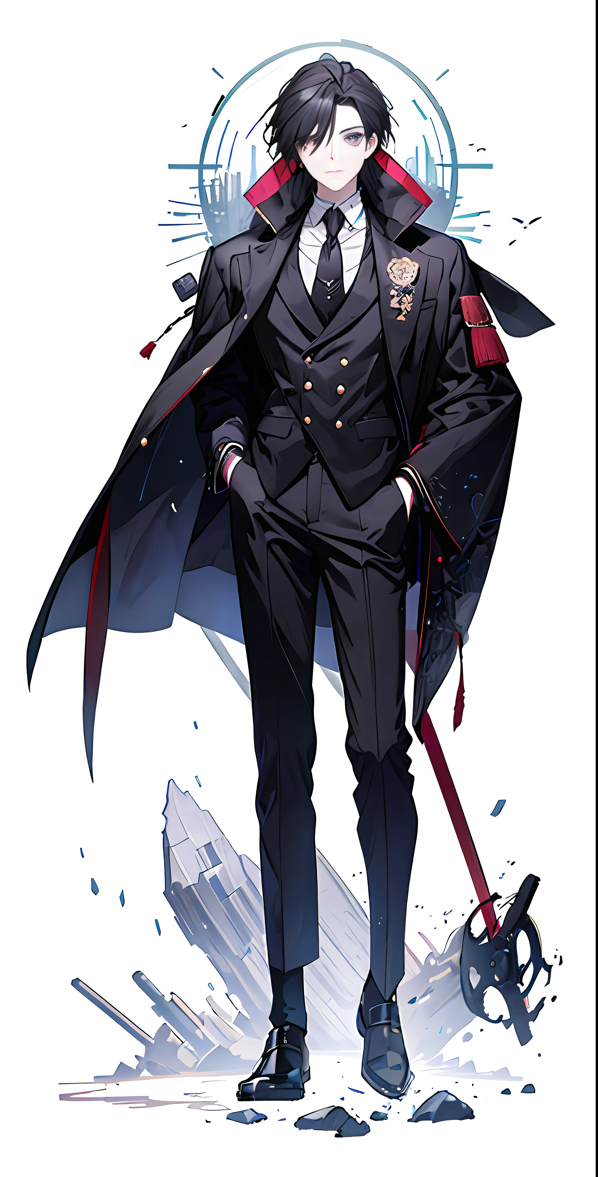 anime, a man in a suit and tie standing in the rain, from Girl Front, from Ark Night, 2B, 2 B, from Danganronpa's Digital Art, ((with a long coat)), dark suit, he in a suit, full body shot, girl front style, full_body!!, ((in noble robes)), hands in pockets