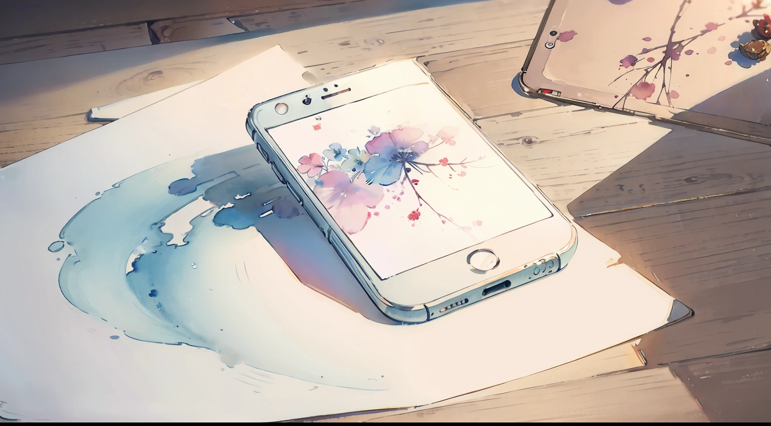 Watercolor painting, smartphone on table