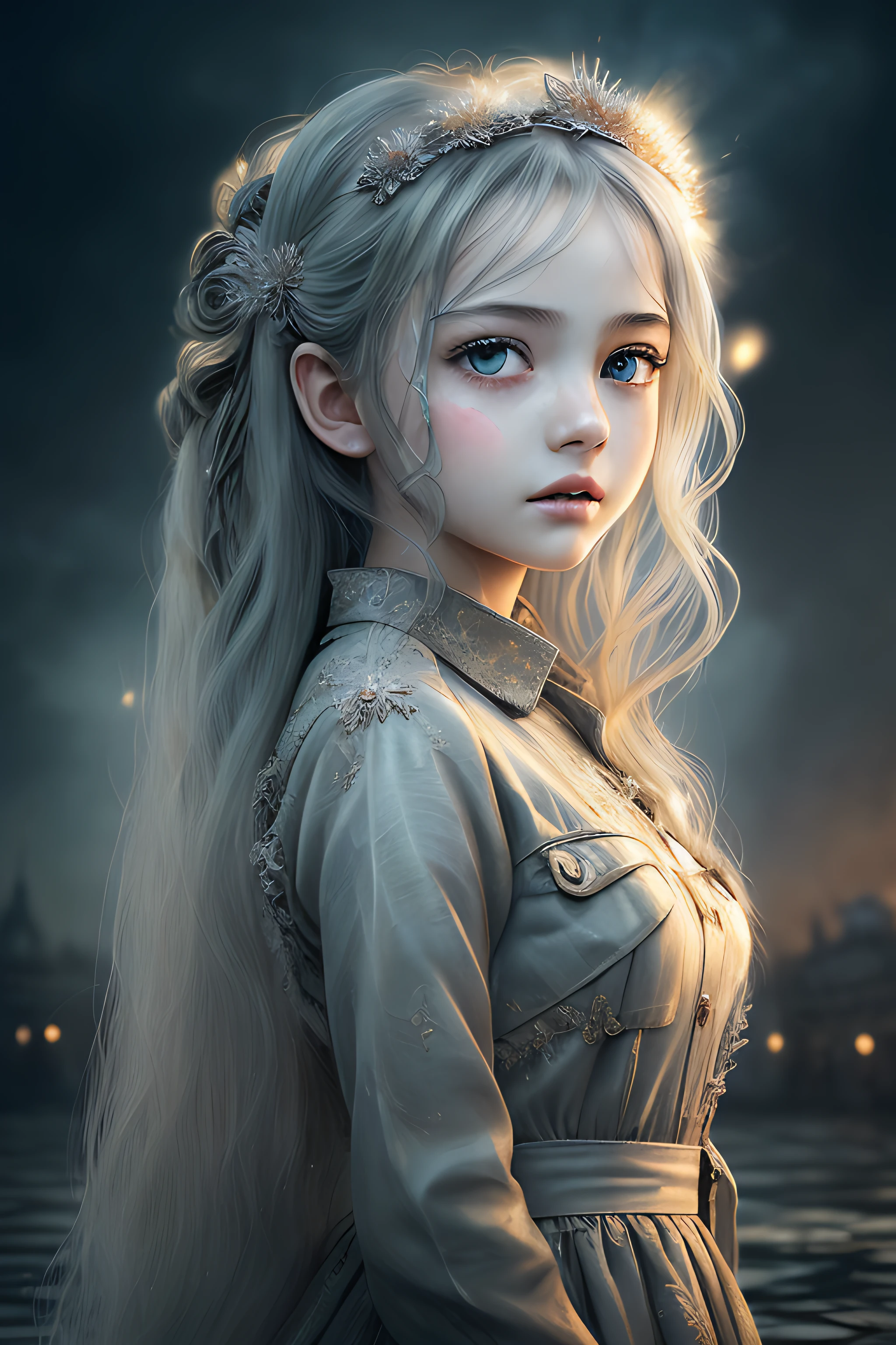 masterpiece,best quality, illustration,{beautiful detailed girl},beautiful detailed glow,(flames of war:1.2),(nuclear explosion behide:1.3),rain,detailed lighting,detailed water,(beautiful detailed eyes:1.1),expressionless,palace,azure hair,disheveled hair,long bangs,hairs between eyes,(whitegrey dress:1.1),black ribbon,white bowties,midriff,big forhead,blank stare,flower,long sleeves