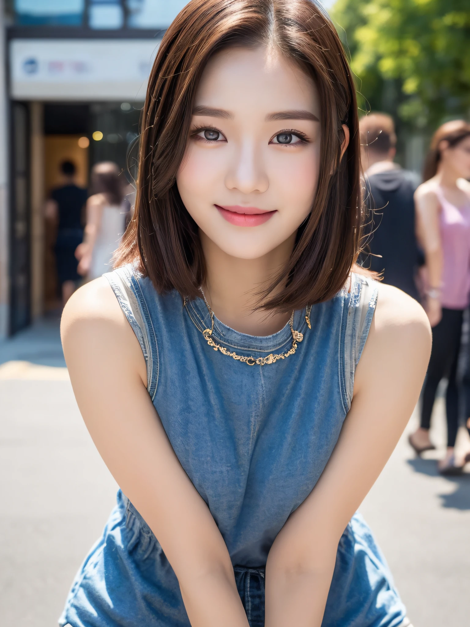 ((Best Quality, 8k, Masterpiece: 1.3)), 1 girl, smile, full body, slim face, pretty woman, (short dark brown hair), summer casual wear, super detailed face, detailed eyes, double eyelids, blurred background, slim face, city, outside, street,