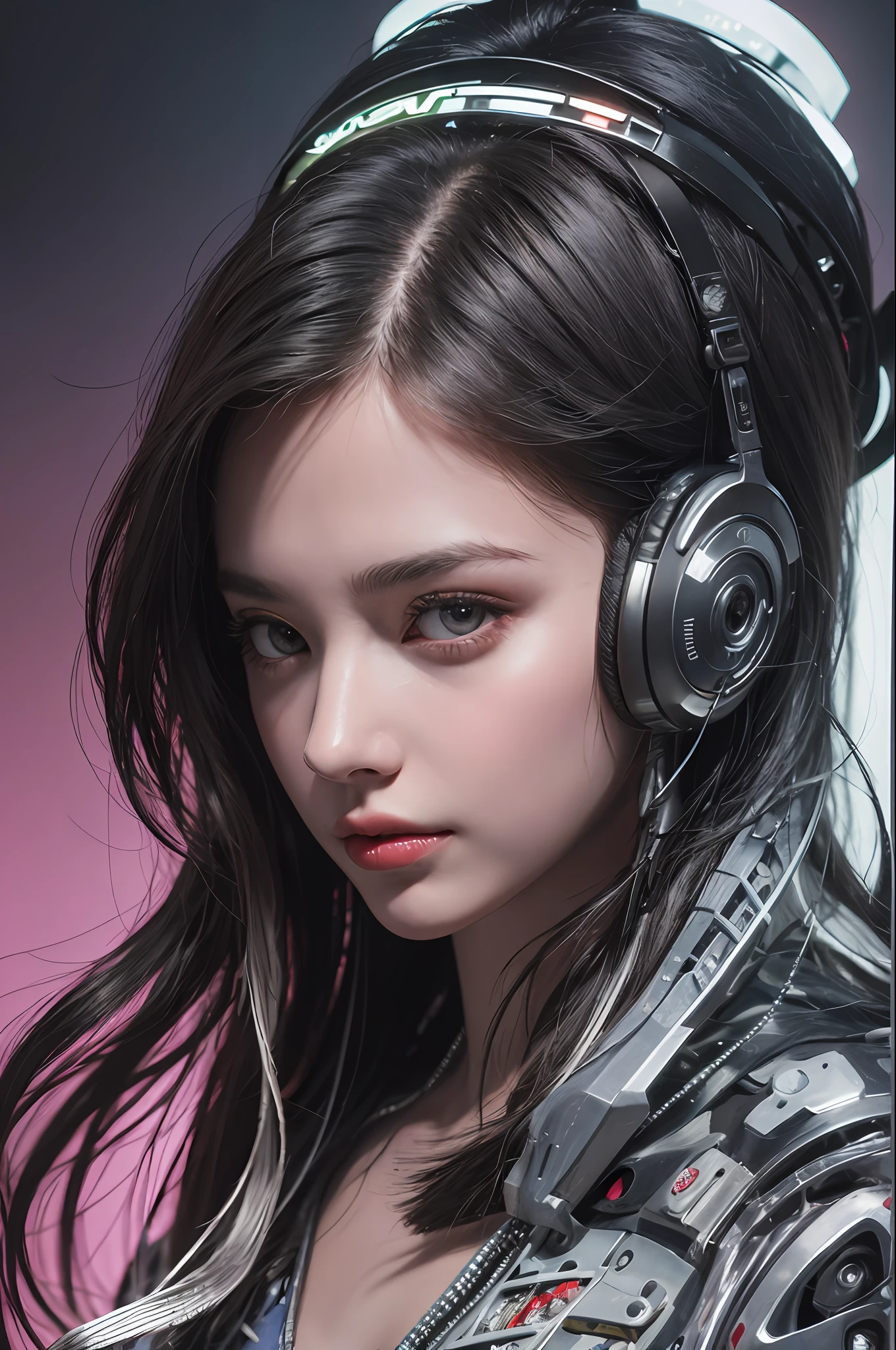 Top Quality, Masterpiece, Ultra High Resolution, (Photorealistic: 1.4), Raw Photo, 1 Girl, Black Hair, Glossy Skin, 1 Mechanical Girl, (Ultra Realistic Detail)), Portrait, Global Illumination, Shadows, Octane Rendering, 8K, Ultra Sharp, Big, Cleavage Exposed Raw Skin, Metal, Intricate Ornament Details, Headset, Hydraulic cylinder, very intricate details, realistic light, CGSoation trend, purple eyes, glowing eyes, facing the camera, neon details, mechanical limbs, blood vessels connected to the tube, mechanical vertebrae attached to the back, mechanical cervical attachment to the neck, sitting, wires and cables connecting to the head, evangelion, cyberpunk, small LED lamp, The background is the hustle and bustle of Blade Runner