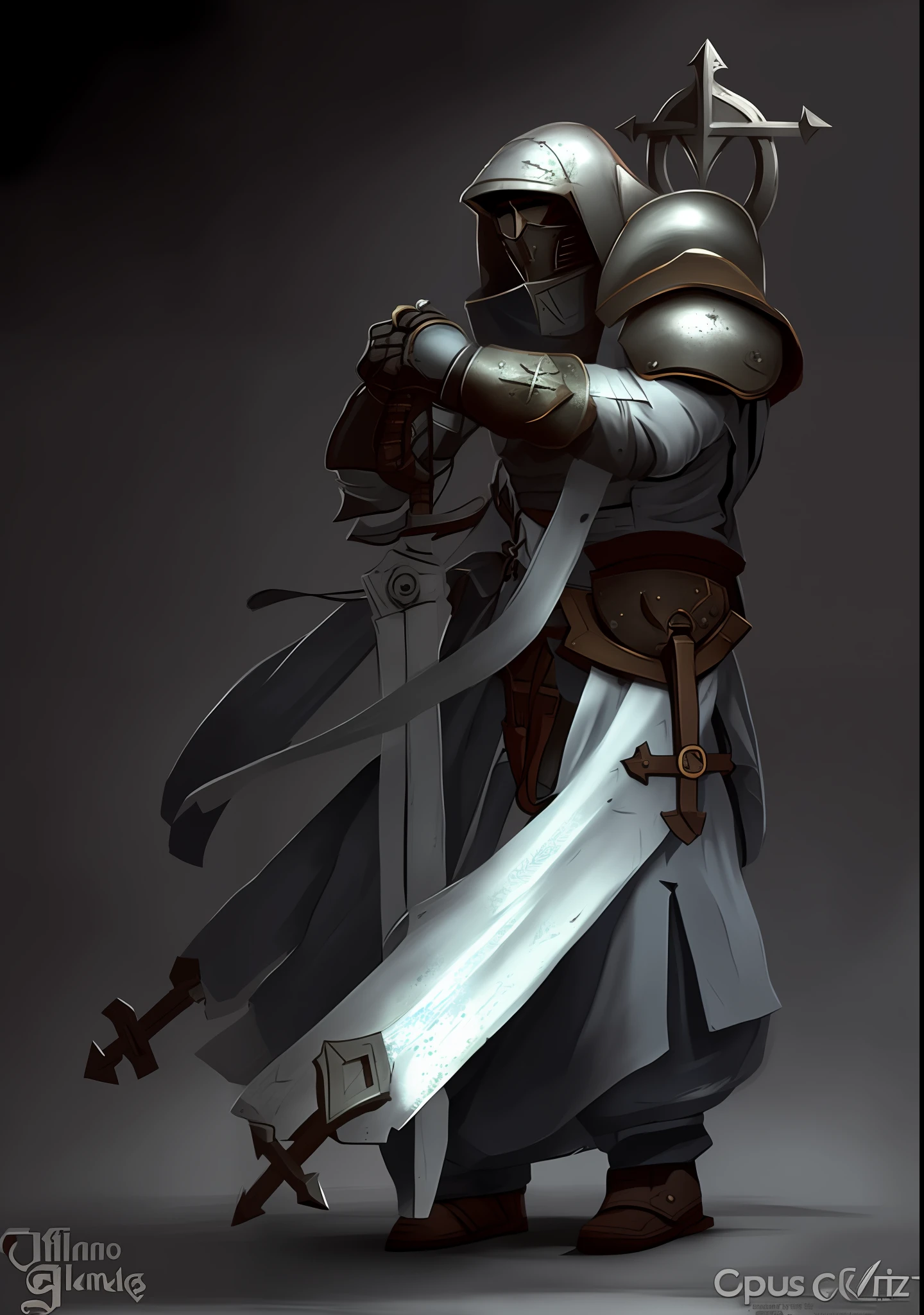 a drawing of a man in armor holding a sword, fantasy paladin, male paladin, flowing robes and leather armor, holy paladin, by Johannes Helgeson, rpg concept art character, picture of a male cleric, a human male paladin, craig mullins dark key, holy crusader medieval knight, medieval concept art, craig mullins style, holy crusader medieval