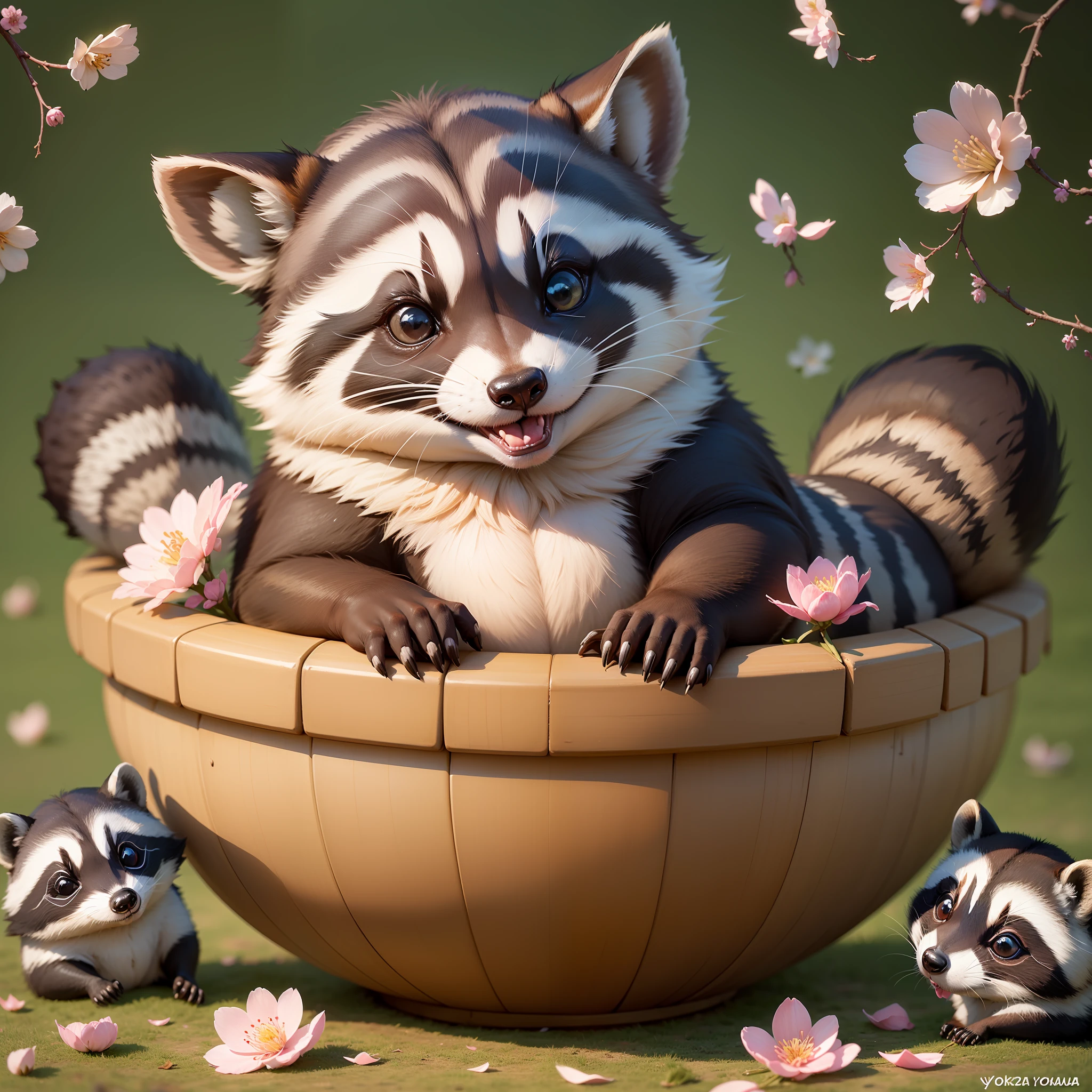 Sumo, cute sumo raccoon, Raccoon, chibi raccon,  raccoon, cute raccon, chubby raccoon, sumo pant, Yokozuna, cherry blossom background, Sakura petals
