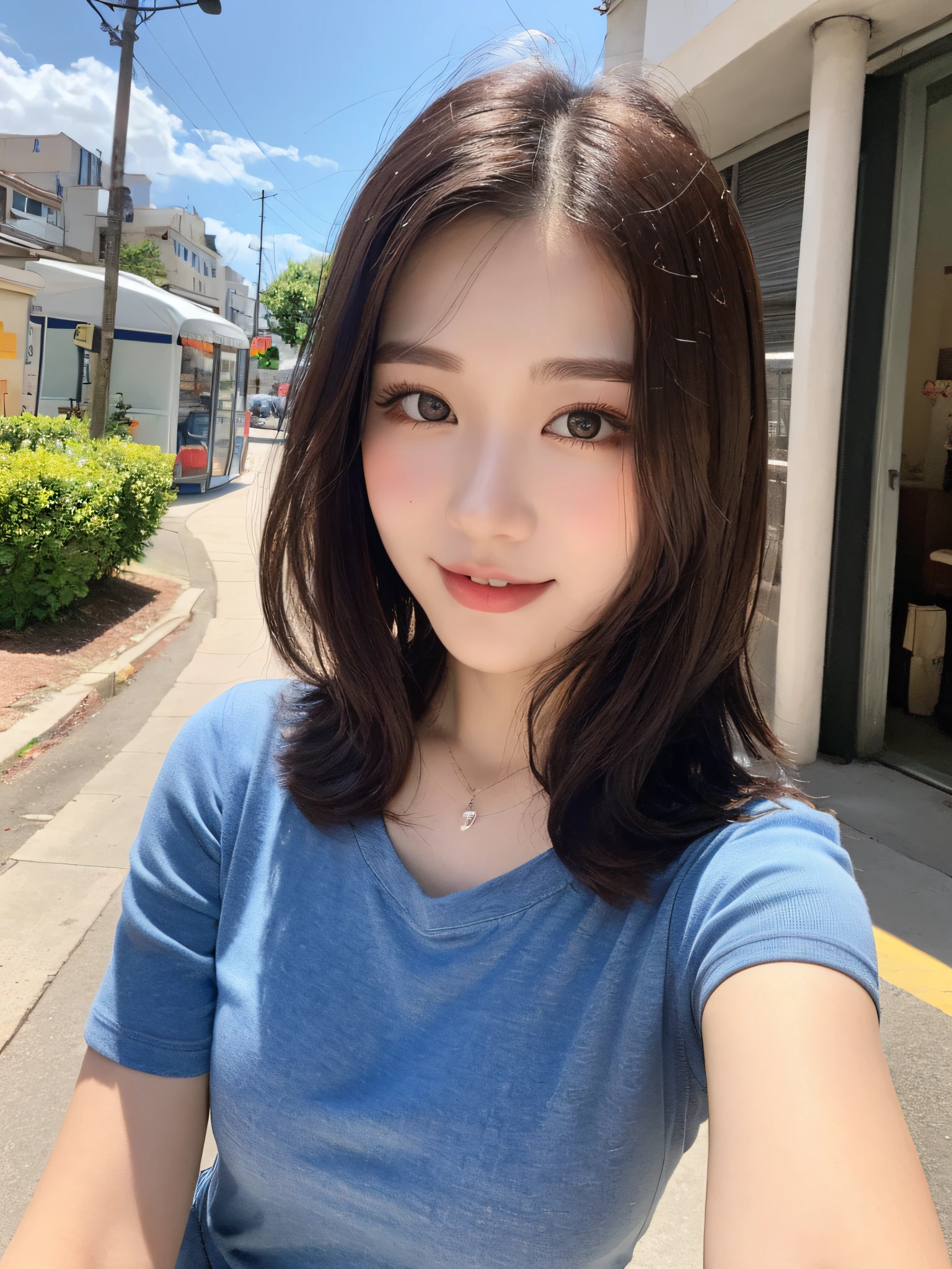 ((Best Quality, 8k, Masterpiece: 1.3)), 1 girl, smile, full body, slim face, pretty woman, (short dark brown hair), summer casual wear, super detailed face, detailed eyes, double eyelids, blurred background, slim face, city, outside, street,