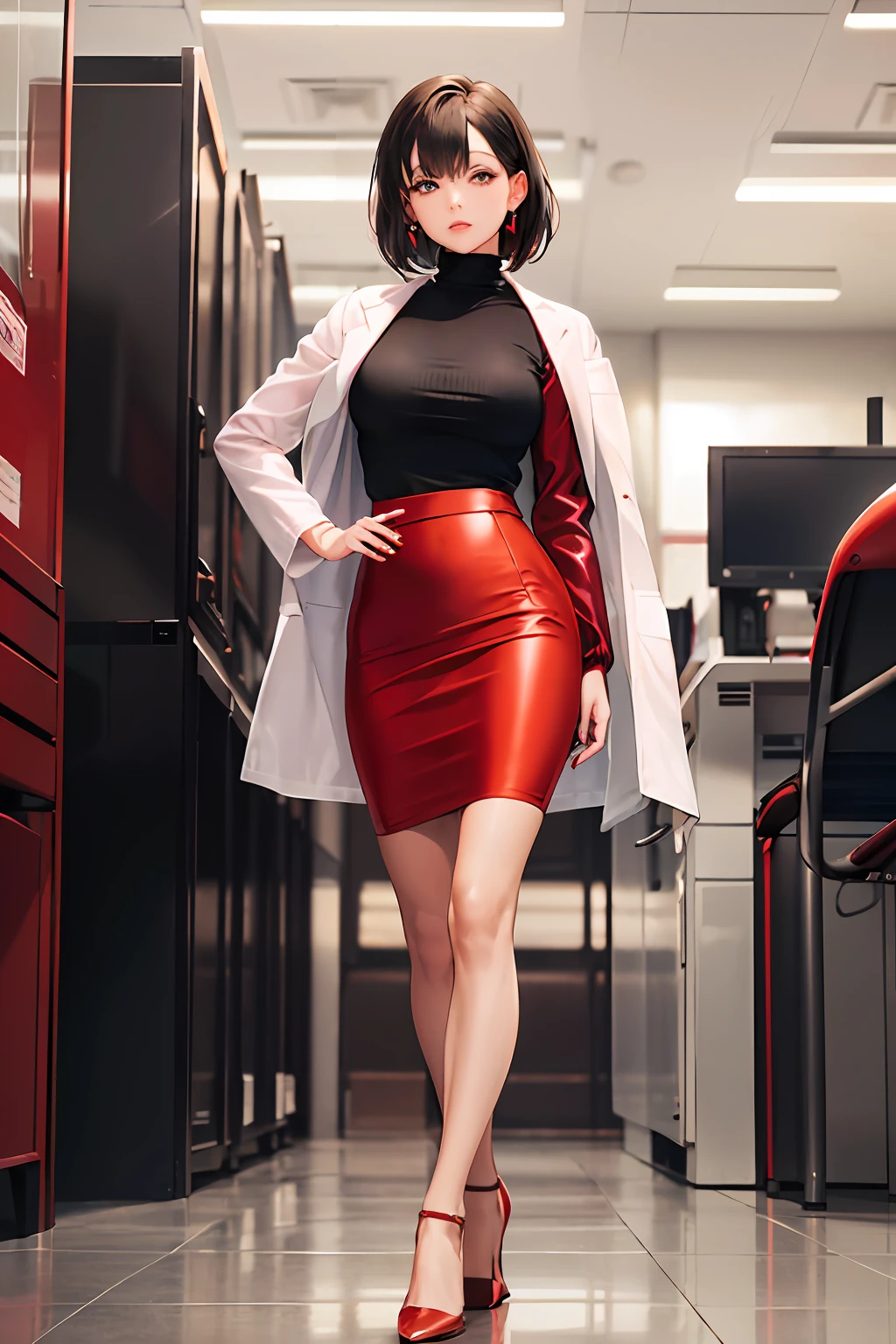 Best Category - Fashion Photography: 1girl, solo, mature female, dressed in a stylish (black turtleneck:1.2) and a vibrant (red pencil skirt:1.4), styled with a crisp (white lab coat:1.3), Black high heels, have green eyes with brown brunette hair, in futuristic laboratory, brilliant, smart, calming figure, (look at viewer), (dutch shot:1.2)